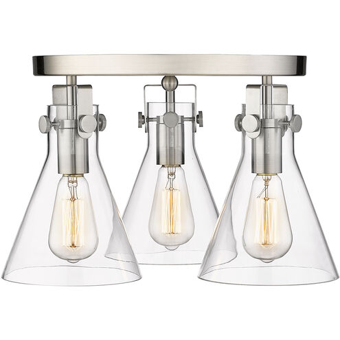 Newton Cone 3 Light 19.63 inch Satin Nickel Flush Mount Ceiling Light in Clear Glass