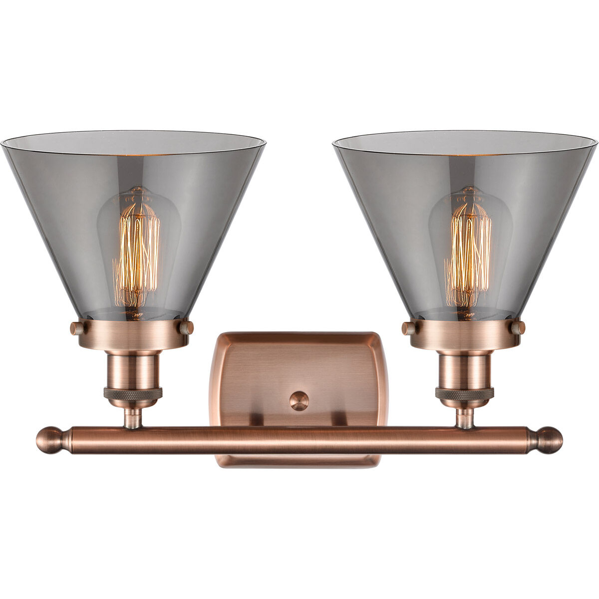 Ballston Large Cone 2 Light 16 inch Antique Copper Bath Vanity Light Wall Light in Plated Smoke Glass