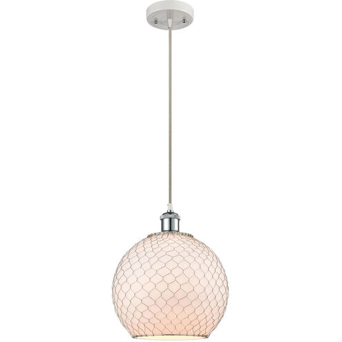 Ballston Large Farmhouse Chicken Wire LED 10 inch White and Polished Chrome Mini Pendant Ceiling Light in White Glass with Nickel Wire, Ballston