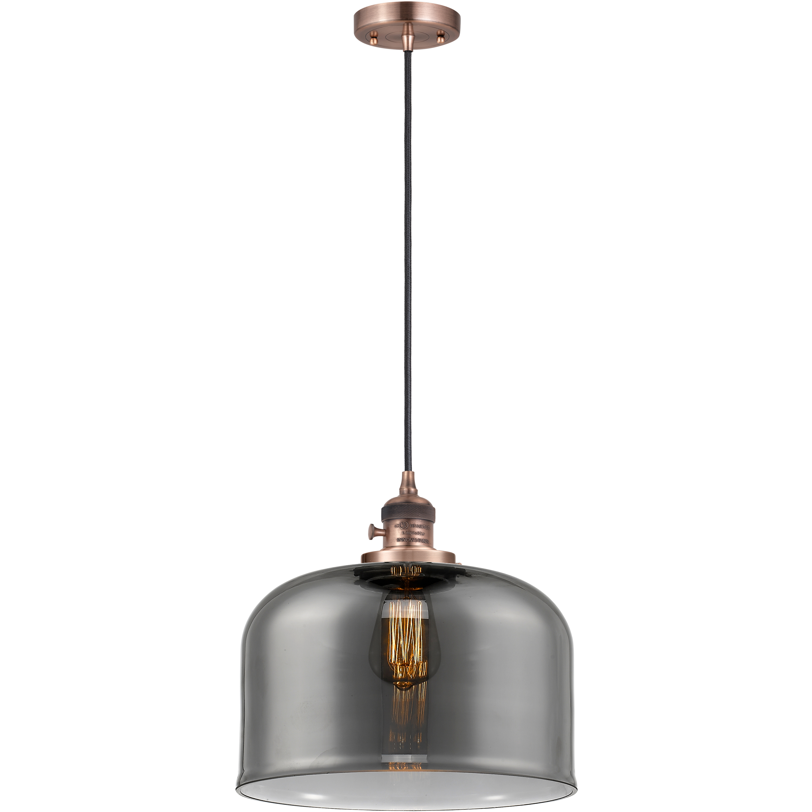Franklin Restoration Bell LED 12 inch Antique Copper Mini Pendant Ceiling Light in Light Smoke Glass