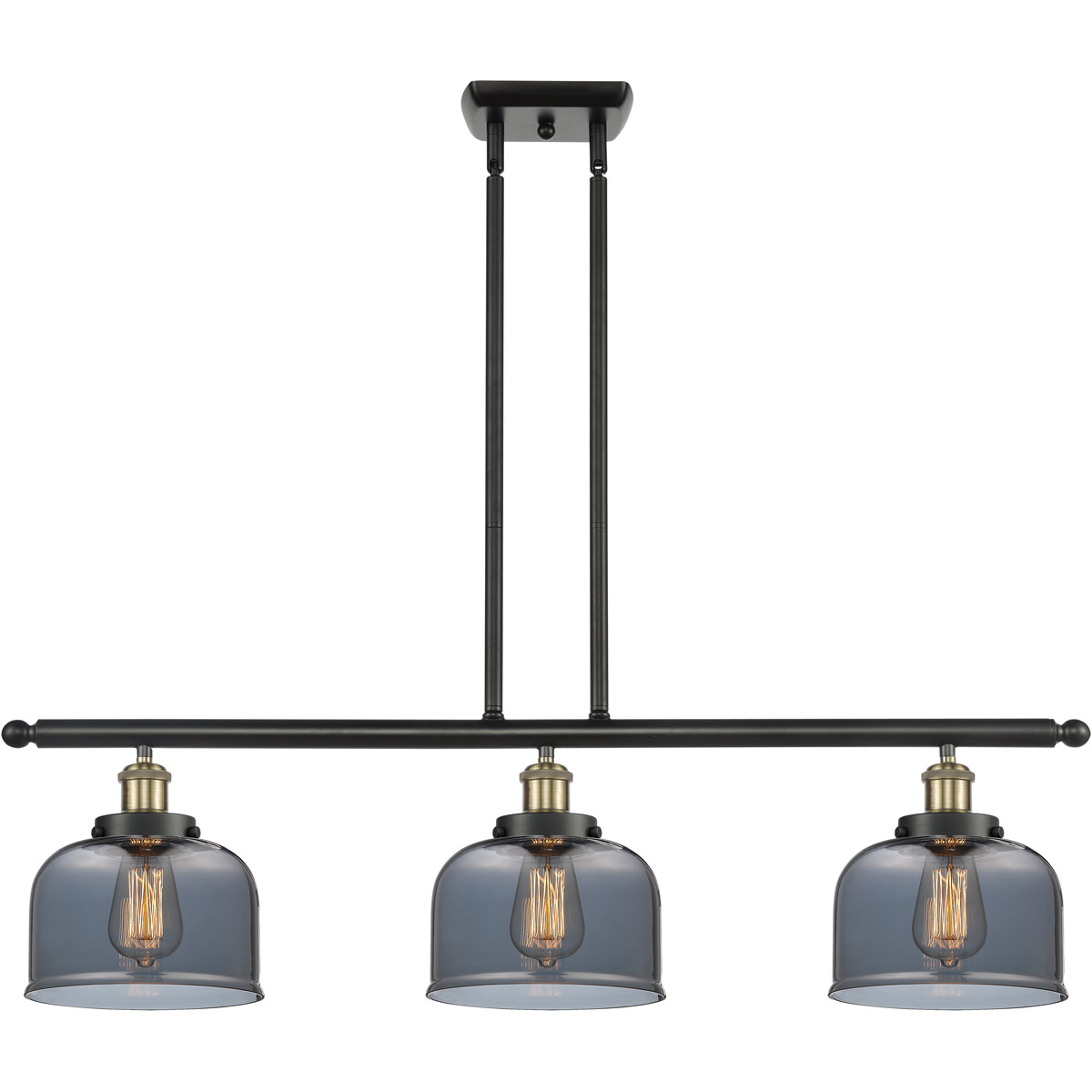 Ballston Large Bell 3 Light 36 inch Black Antique Brass Island Light Ceiling Light in Light Smoke Glass