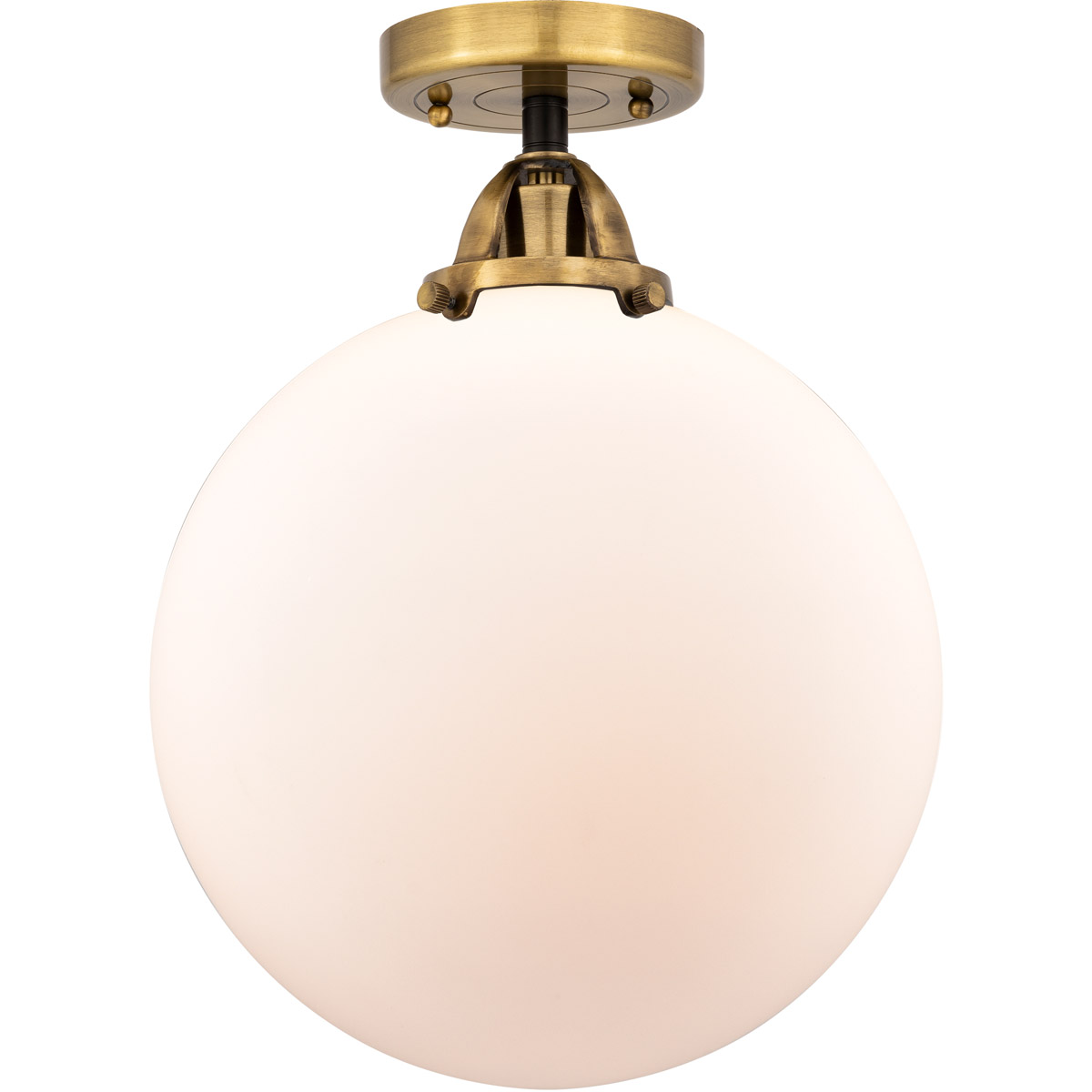 Nouveau 2 Beacon LED 12 inch Black Antique Brass Semi-Flush Mount Ceiling Light in Matte White Glass