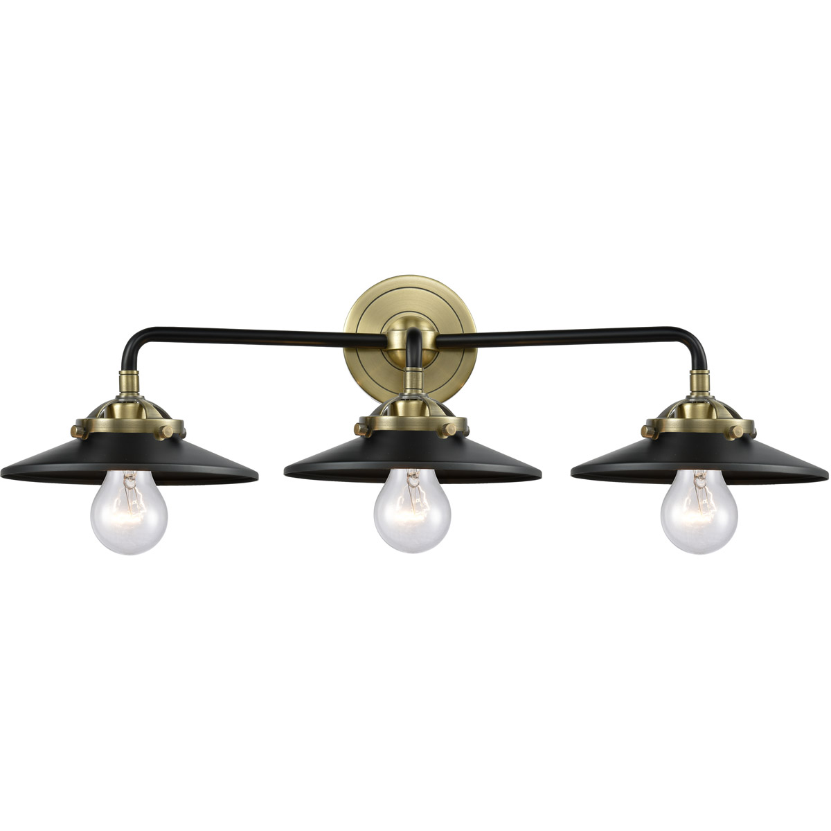 Nouveau Railroad 3 Light 26 inch Black Antique Brass Bath Vanity Light Wall Light in Matte Black, Nouveau