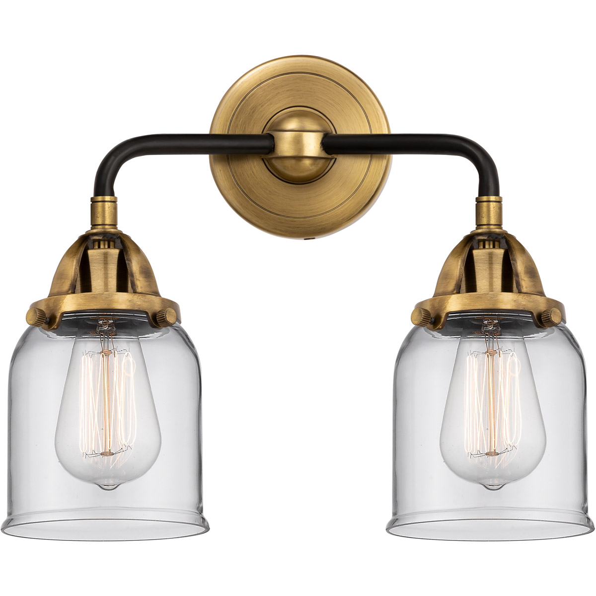 Nouveau 2 Small Bell 2 Light 13 inch Black Antique Brass Bath Vanity Light Wall Light in Clear Glass