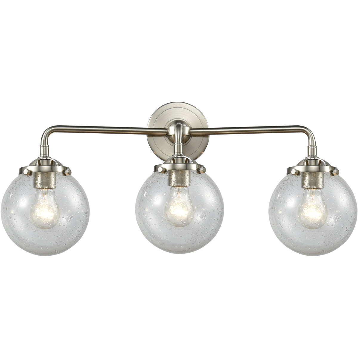 Nouveau Beacon 3 Light 24 inch Brushed Satin Nickel Bath Vanity Light Wall Light in Seedy Glass, Nouveau