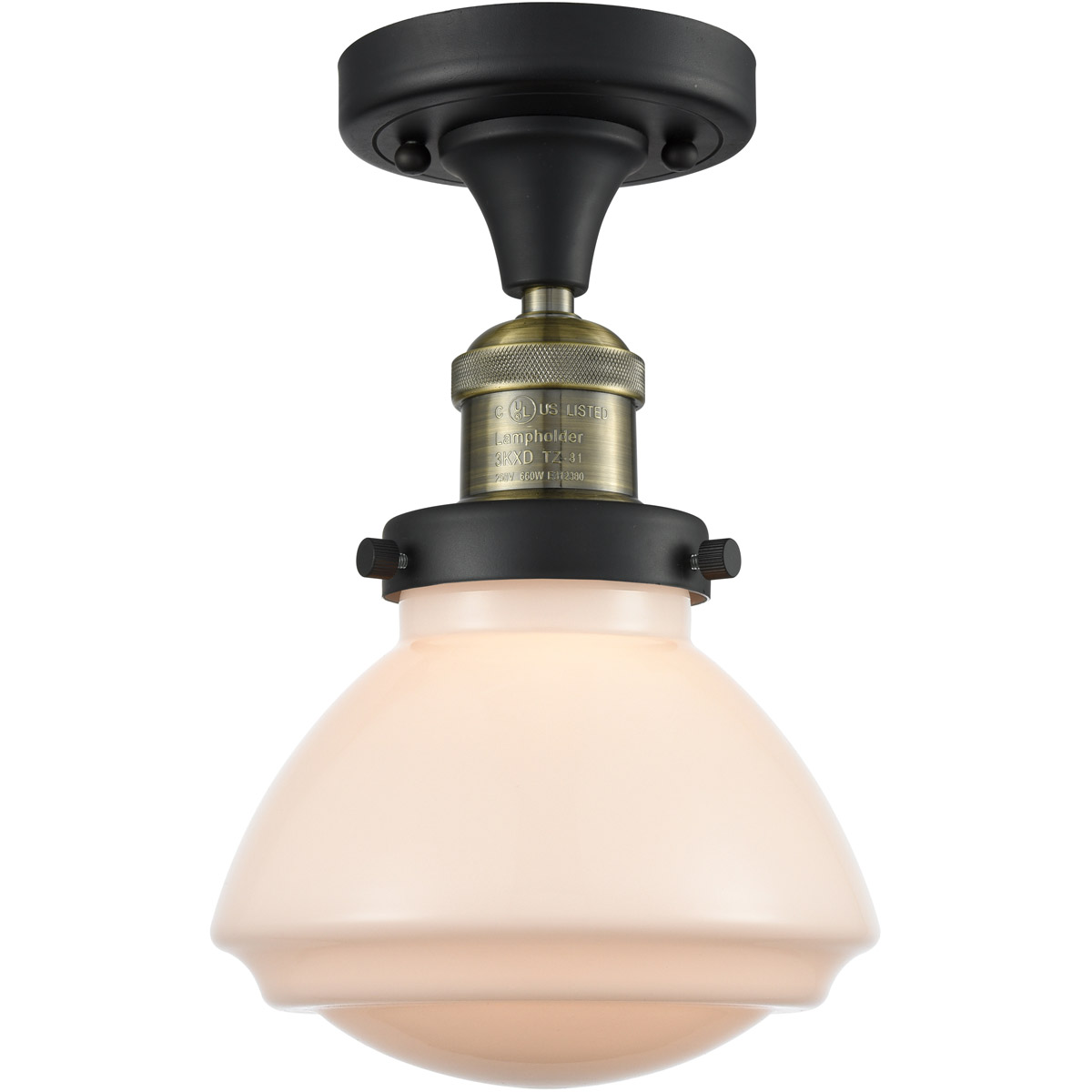 Franklin Restoration Olean LED 7 inch Black Antique Brass Semi-Flush Mount Ceiling Light in Matte White Glass, Franklin Restoration