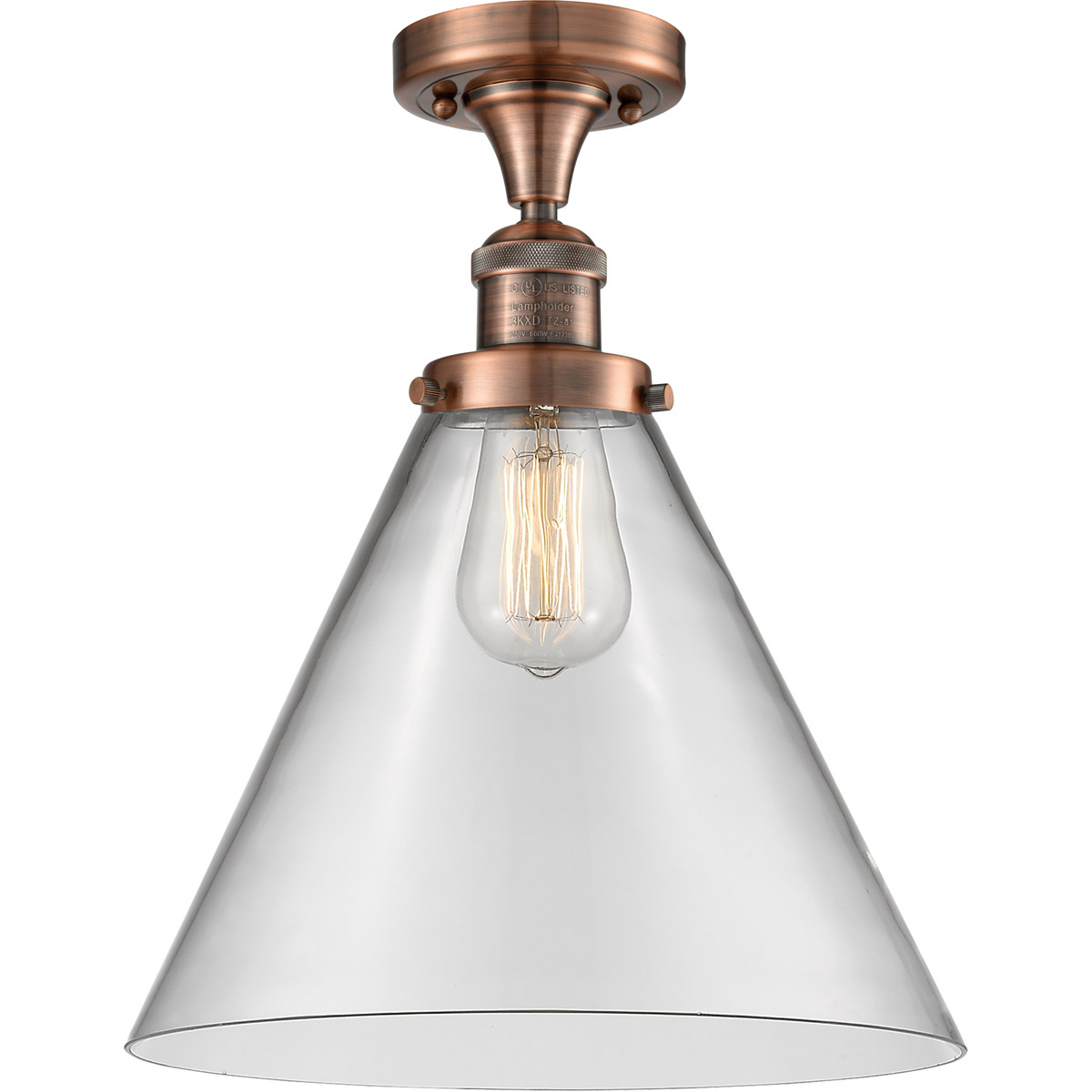 Franklin Restoration X-Large Cone LED 12 inch Antique Copper Semi-Flush Mount Ceiling Light in Clear Glass, Franklin Restoration