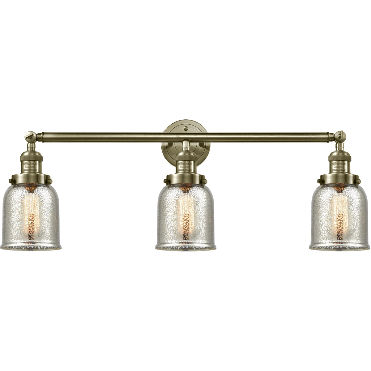 Franklin Restoration Small Bell 3 Light 30 inch Antique Brass Bath Vanity Light Wall Light in Incandescent, Silver Plated Mercury Glass, Franklin Restoration