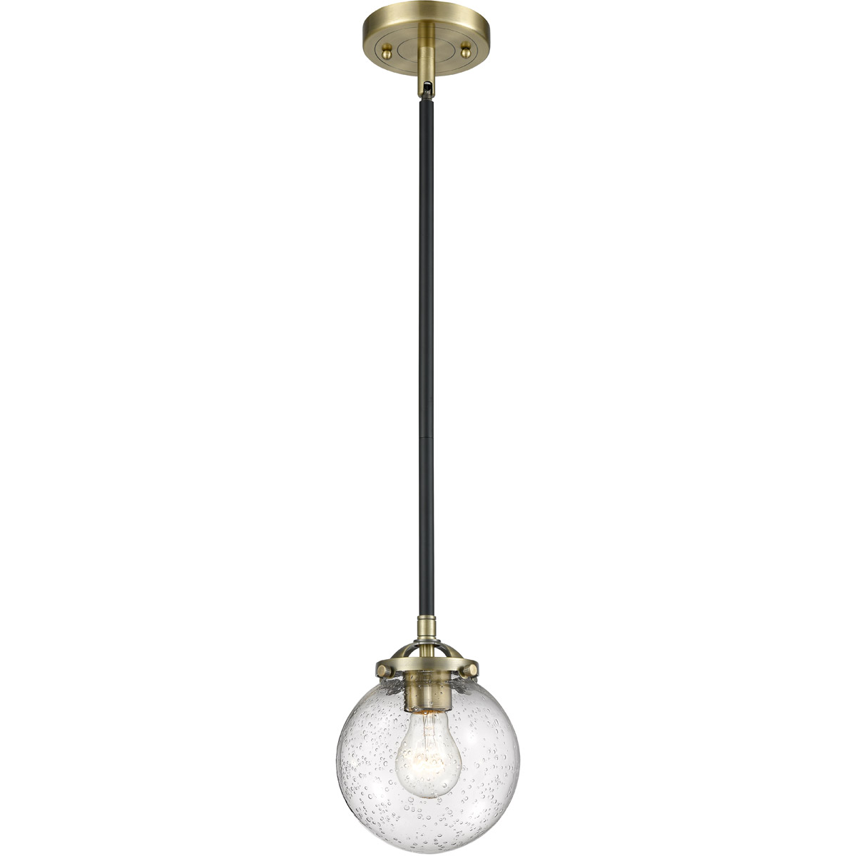 Nouveau Beacon LED 6 inch Black Antique Brass Mini Pendant Ceiling Light in Seedy Glass, Nouveau