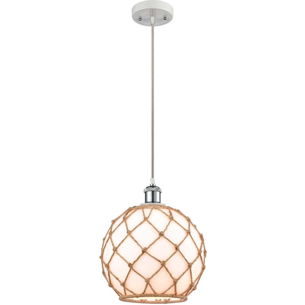 Ballston Large Farmhouse Rope 1 Light 10 inch White and Polished Chrome Mini Pendant Ceiling Light in White Glass with Brown Rope, Ballston