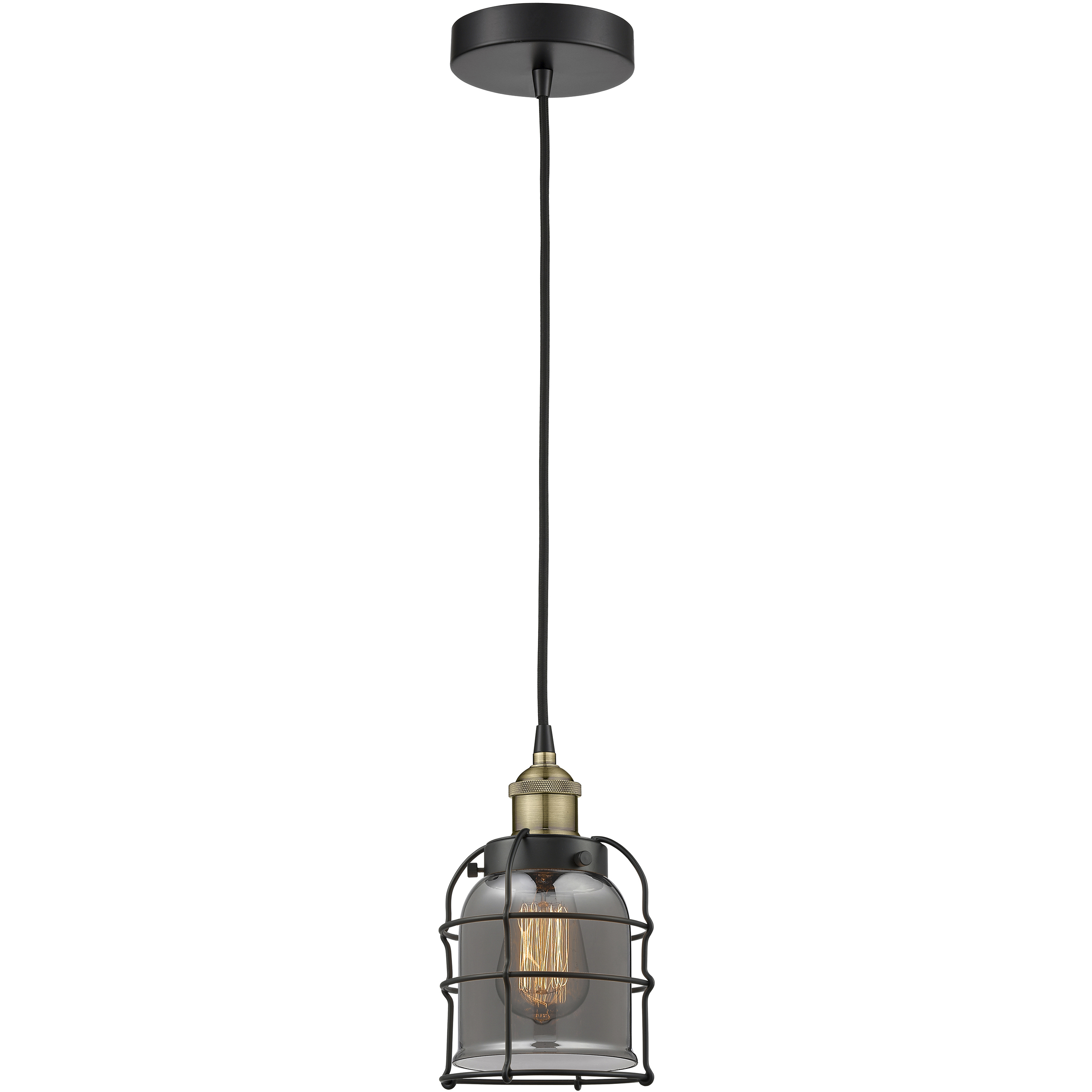Bell Cage 1 Light 6 inch Black Antique Brass Mini Pendant Ceiling Light in Plated Smoke Glass