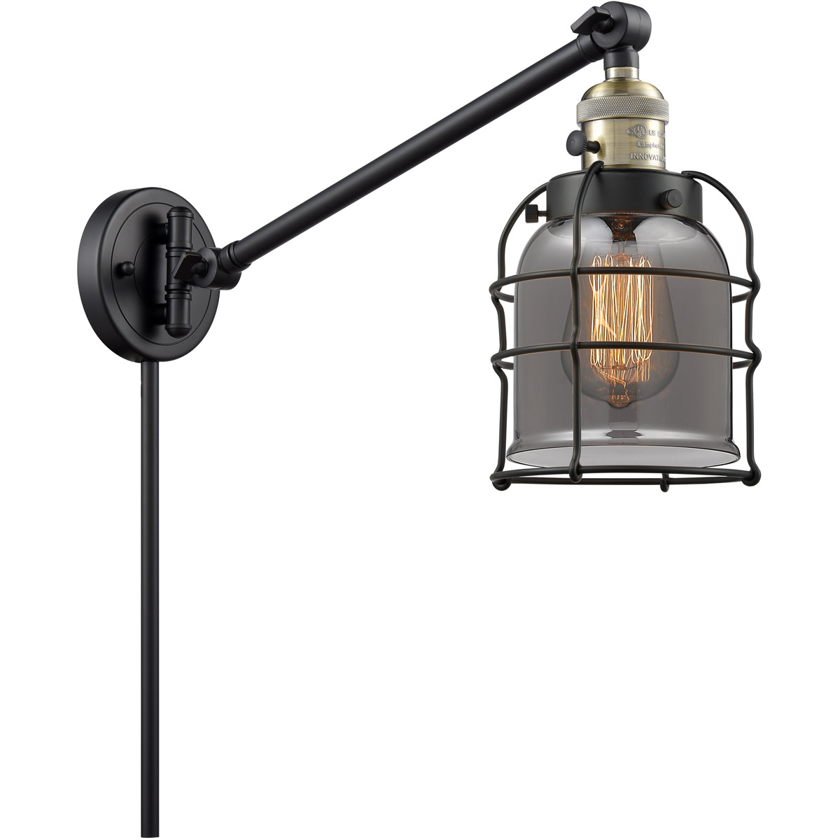 Small Bell Cage 21 inch 3.5 watt Black Antique Brass Swing Arm Wall Light in Plated Smoke Glass, Franklin Restoration