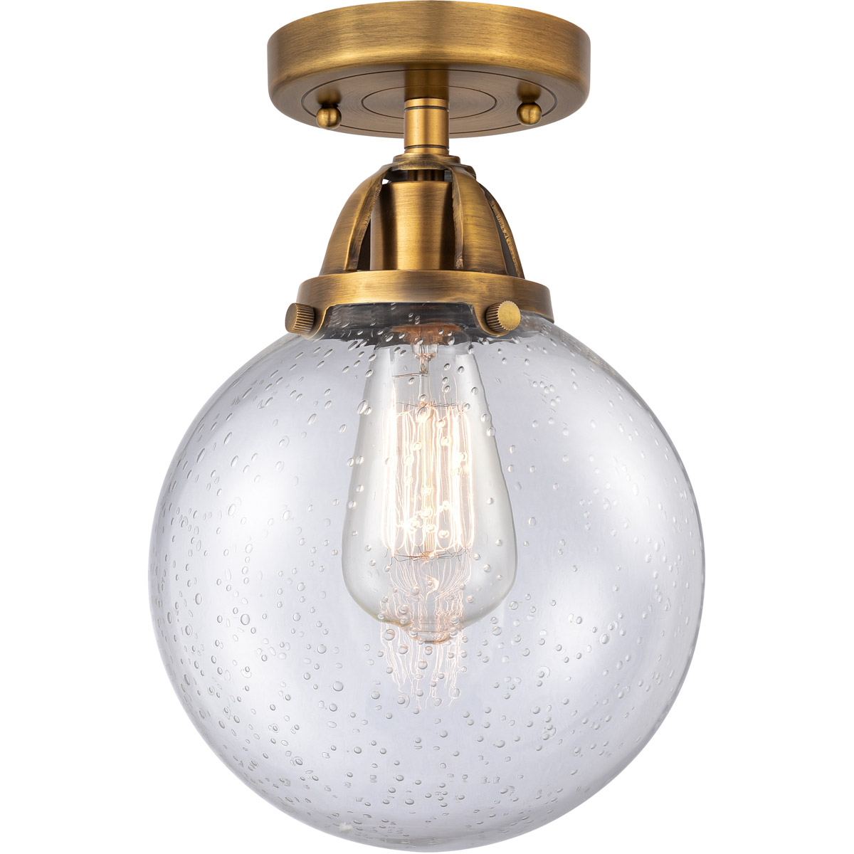 Nouveau 2 Beacon LED 8 inch Brushed Brass Semi-Flush Mount Ceiling Light in Seedy Glass