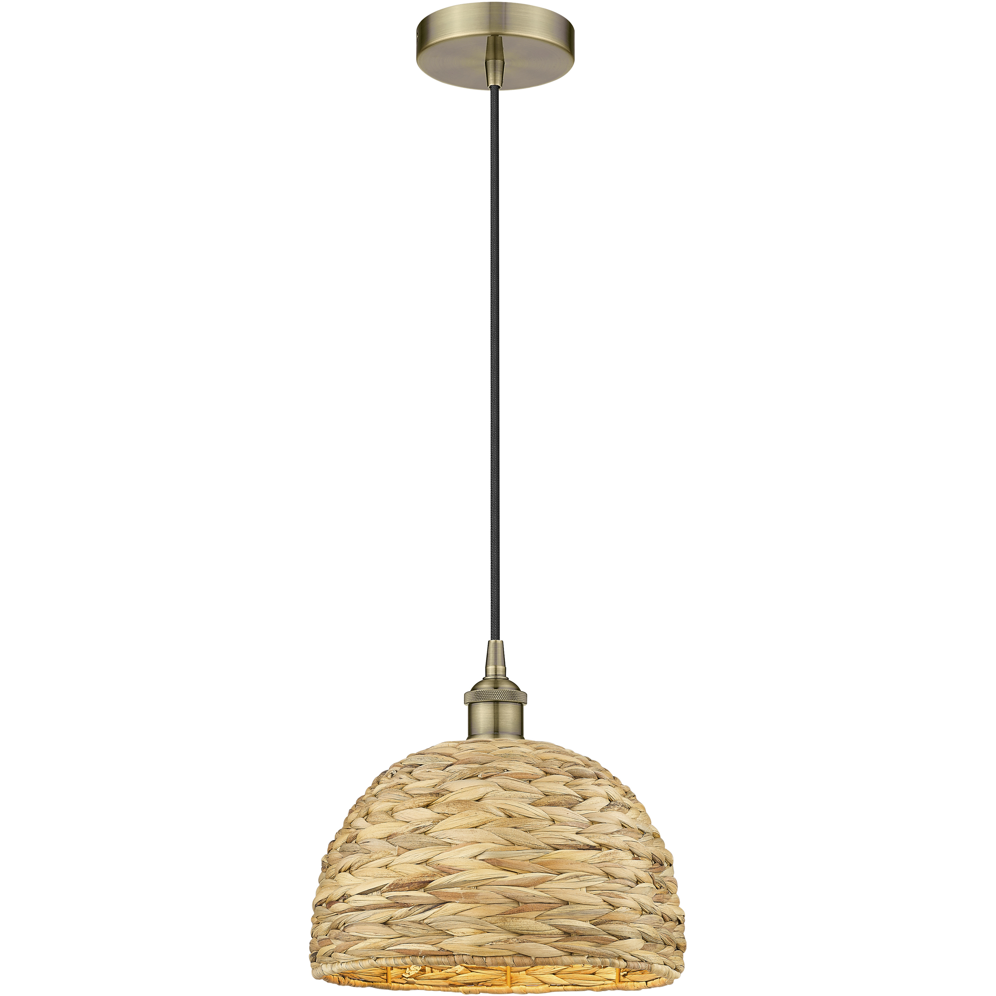 Edison Woven Rattan 1 Light 12 inch Antique Brass Mini Pendant Ceiling Light