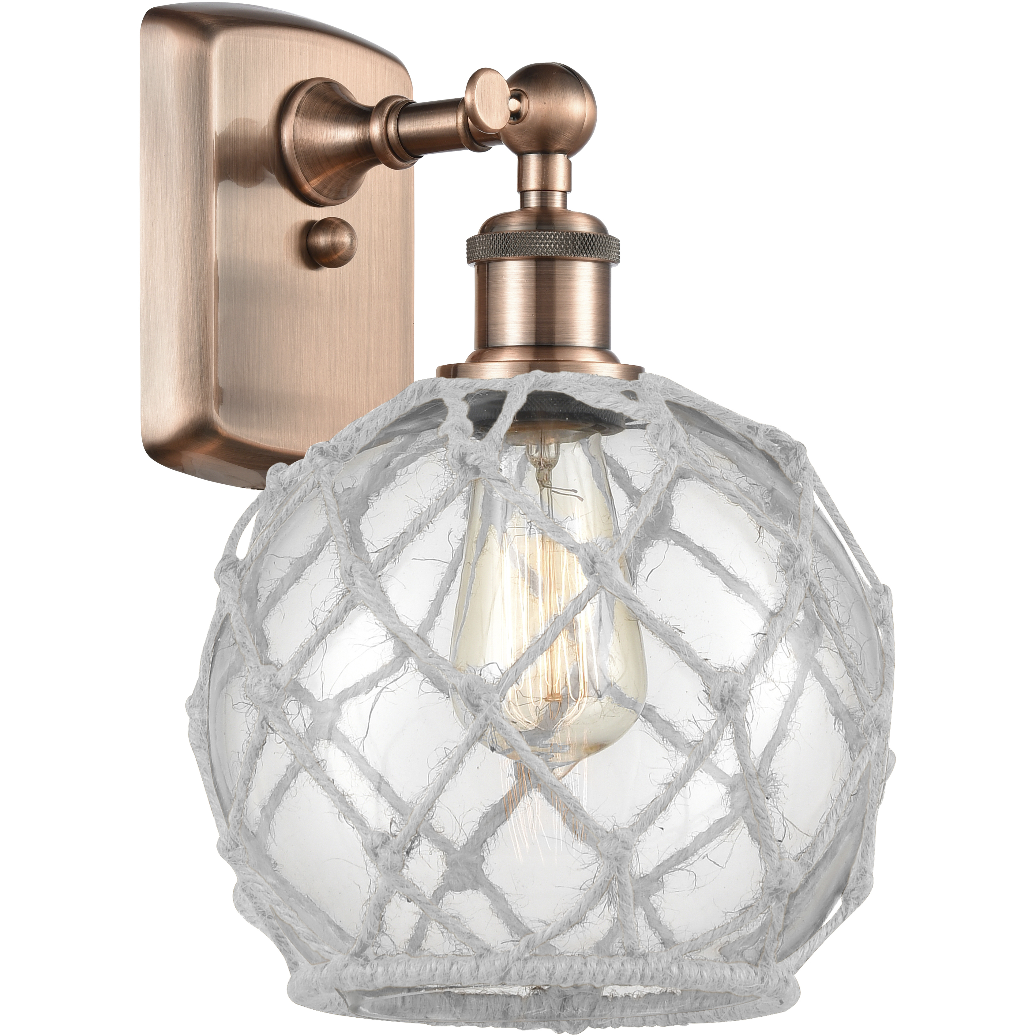 Ballston Farmhouse Rope LED 8 inch Antique Copper Sconce Wall Light in Clear Glass with White Rope, Ballston