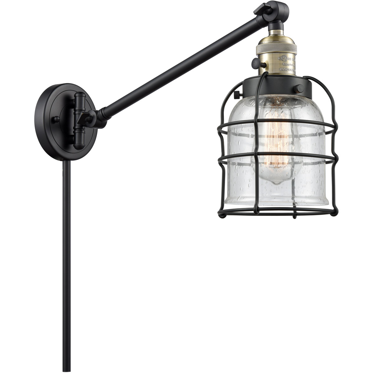 Small Bell Cage 21 inch 60.00 watt Black Antique Brass Swing Arm Wall Light, Franklin Restoration