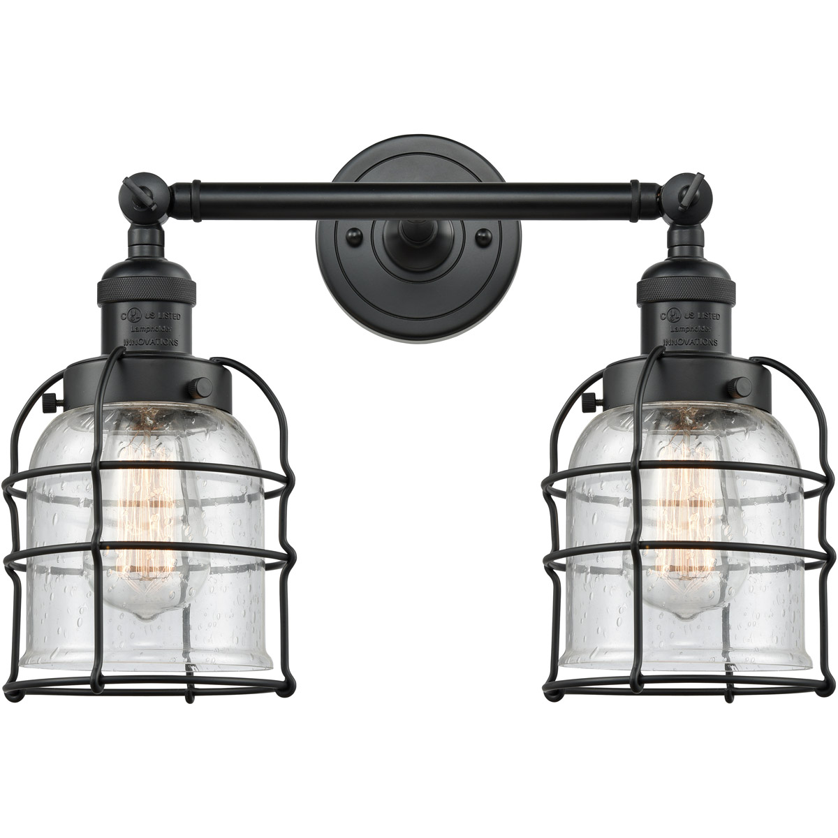 Franklin Restoration Small Bell Cage 2 Light 6 inch Matte Black Bath Vanity Light Wall Light in Seedy Glass, Franklin Restoration