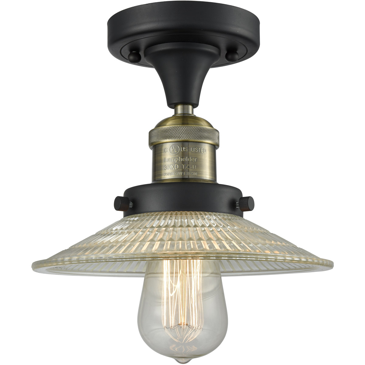Franklin Restoration Halophane LED 9 inch Black Antique Brass Semi-Flush Mount Ceiling Light in Clear Halophane Glass, Franklin Restoration