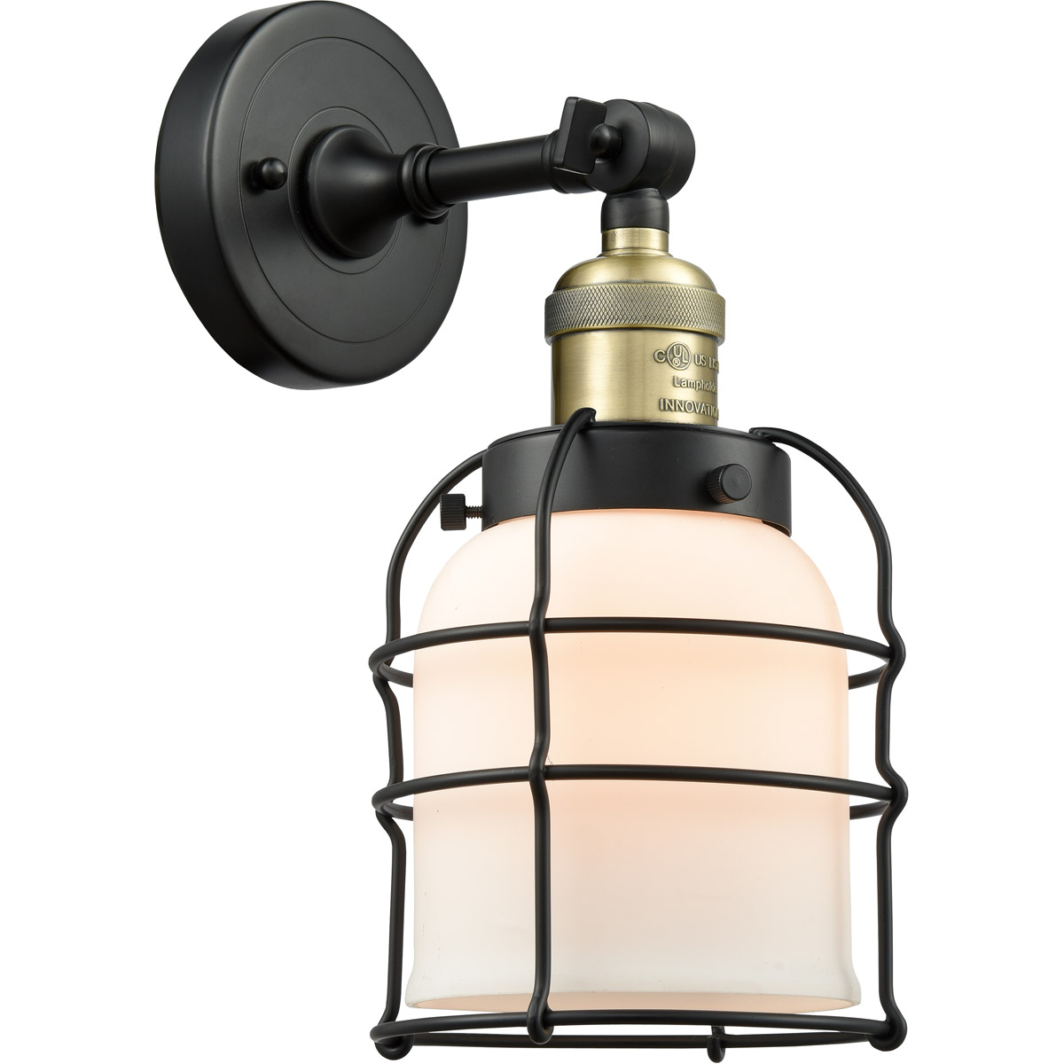 Franklin Restoration Small Bell Cage 1 Light 5 inch Black Antique Brass Semi-Flush Mount Ceiling Light in Matte White Glass, Franklin Restoration
