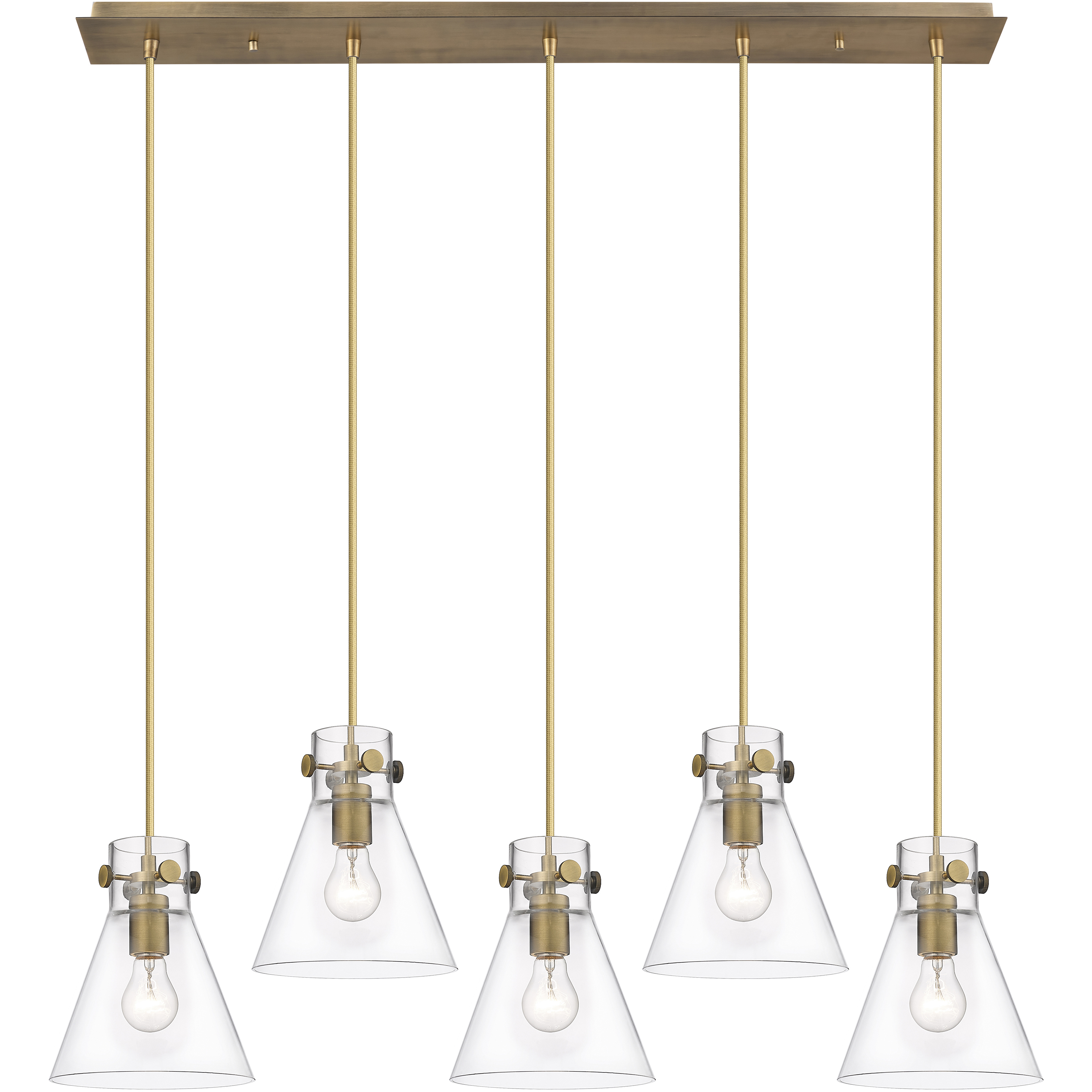Newton Cone 5 Light 39.75 inch Brushed Brass Linear Pendant Ceiling Light in Clear Glass