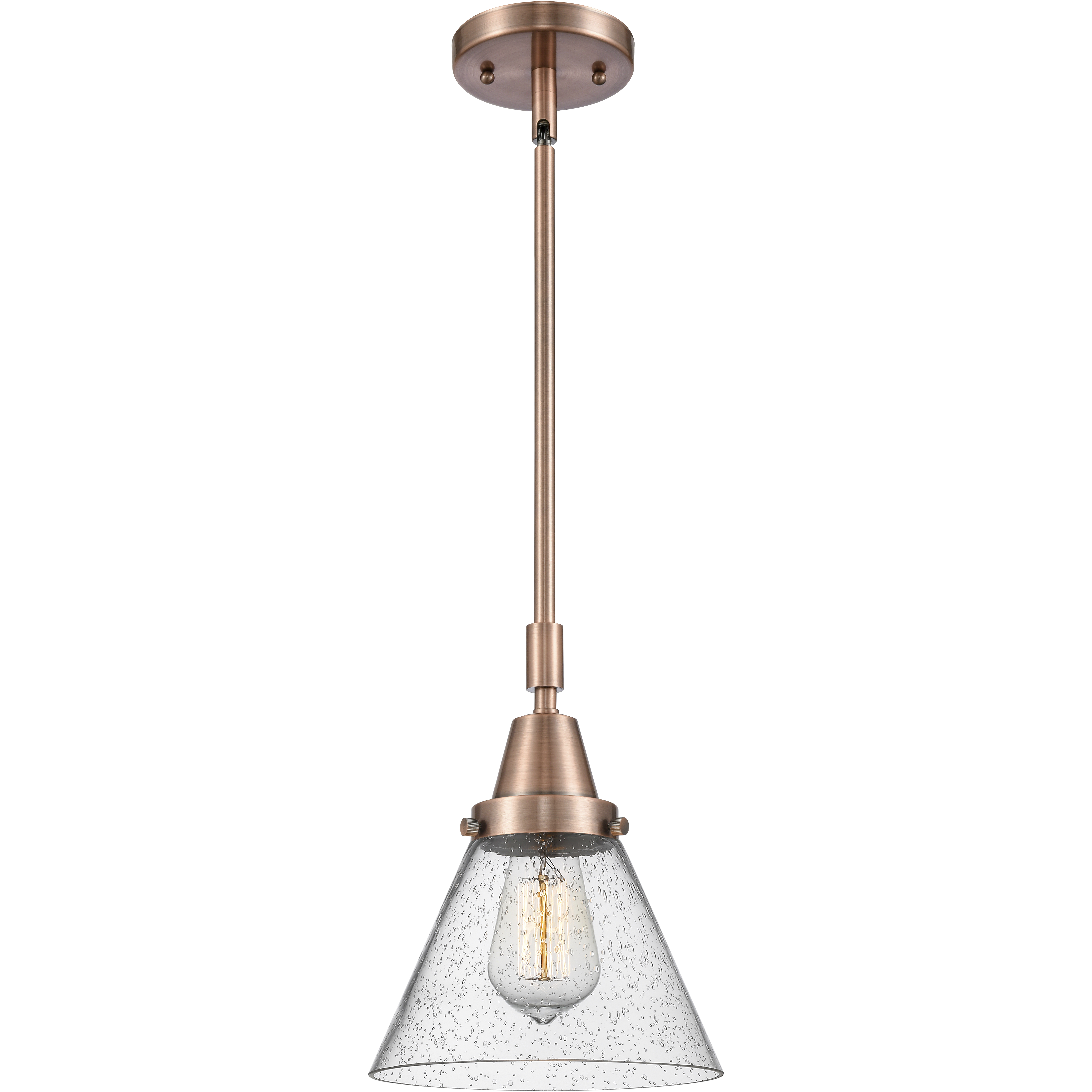 Franklin Restoration Large Cone LED 8 inch Antique Copper Mini Pendant Ceiling Light in Seedy Glass