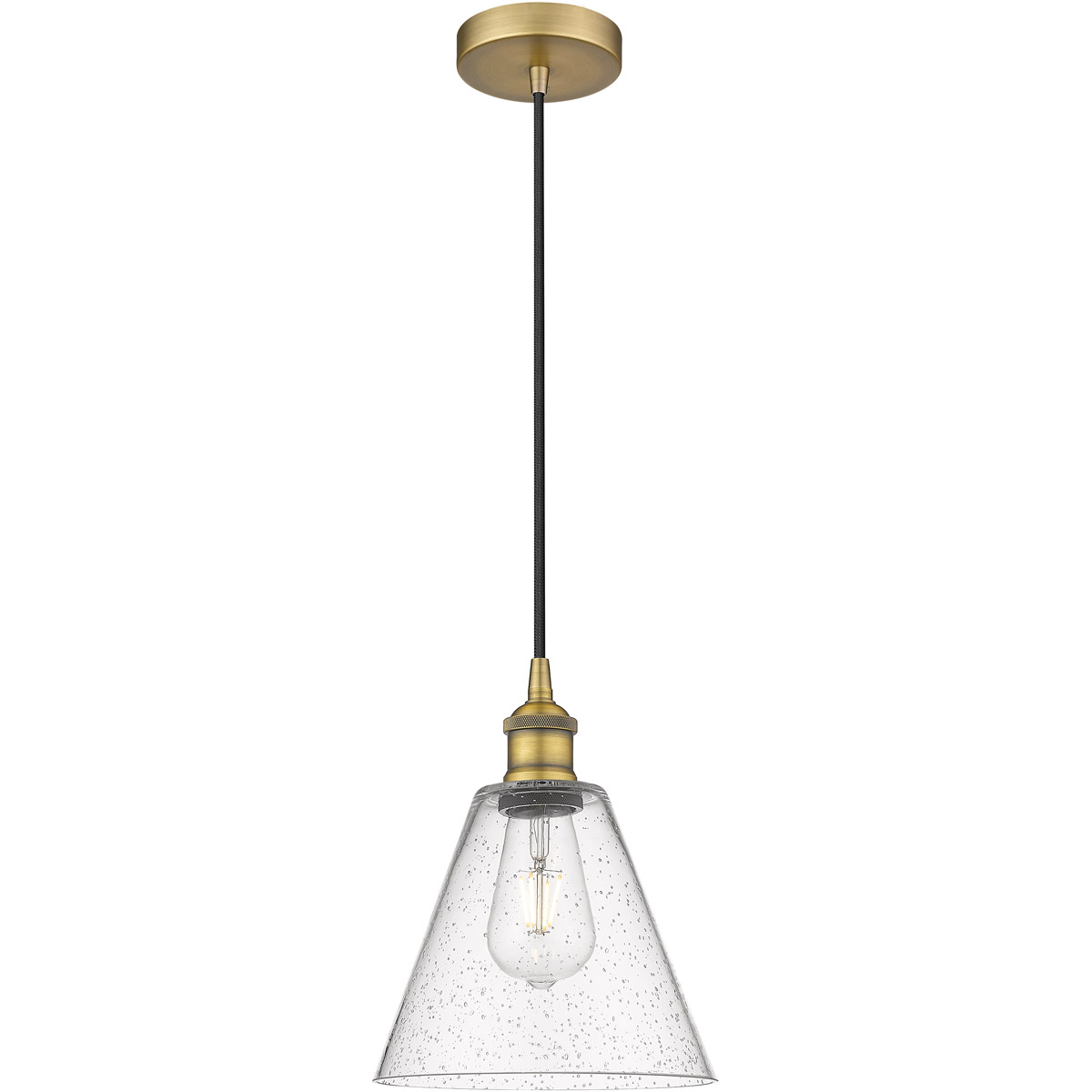 Edison Cone LED 8 inch Brushed Brass Mini Pendant Ceiling Light in Seedy Glass