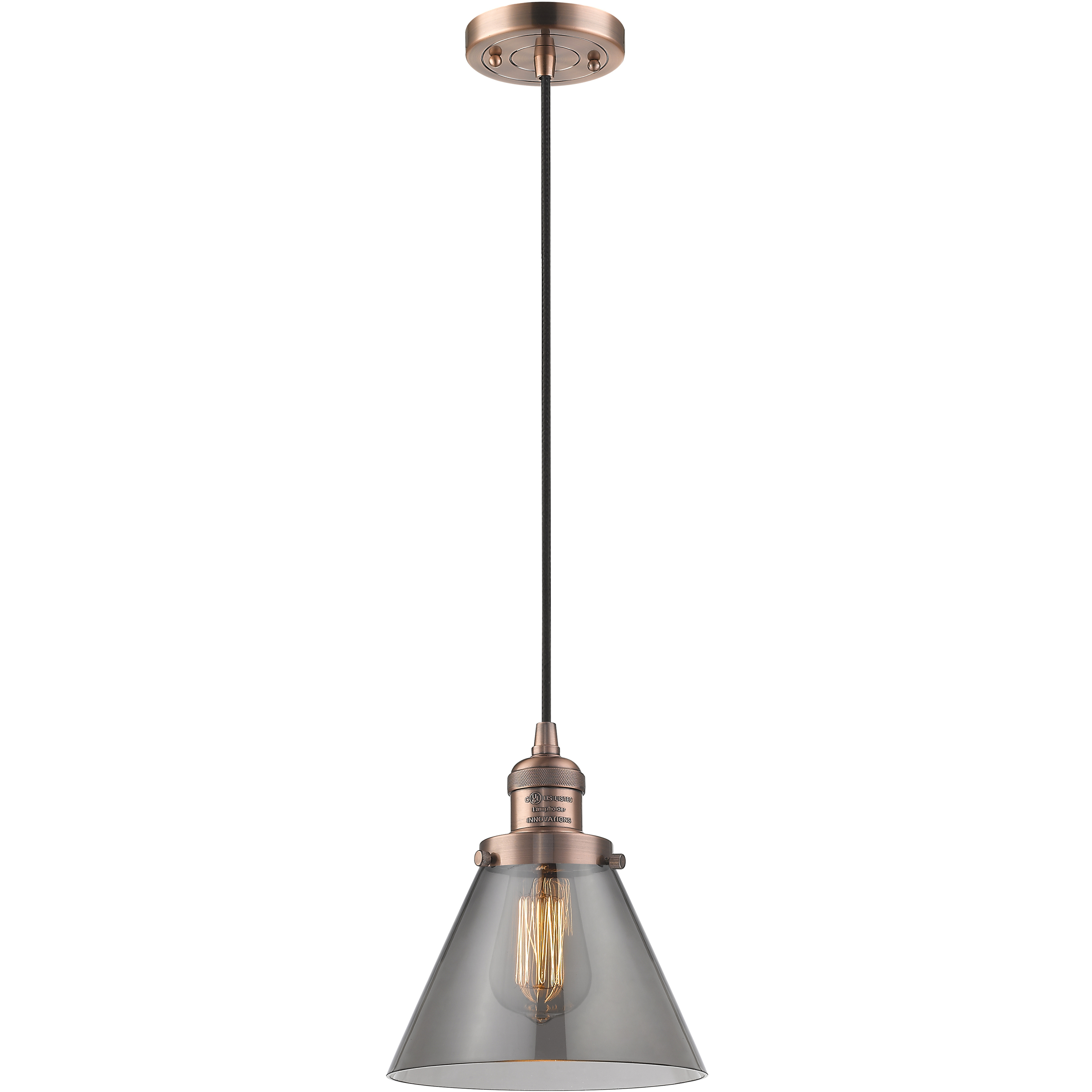 Franklin Restoration Cone LED 8 inch Antique Copper Mini Pendant Ceiling Light in Light Smoke Glass, Franklin Restoration