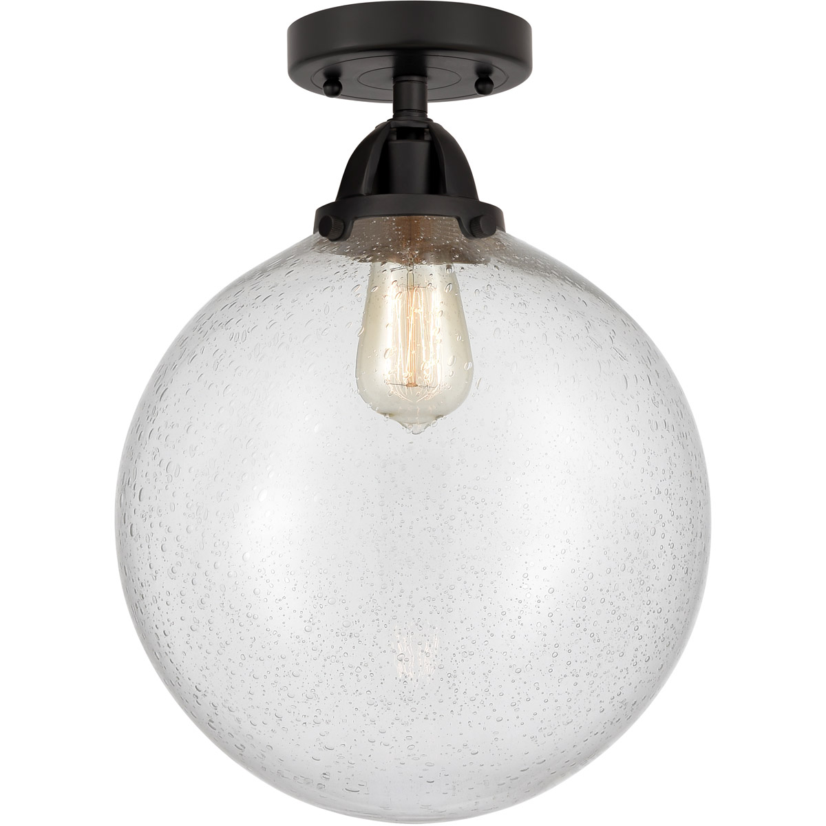 Nouveau 2 Beacon 1 Light 12 inch Matte Black Semi-Flush Mount Ceiling Light in Seedy Glass