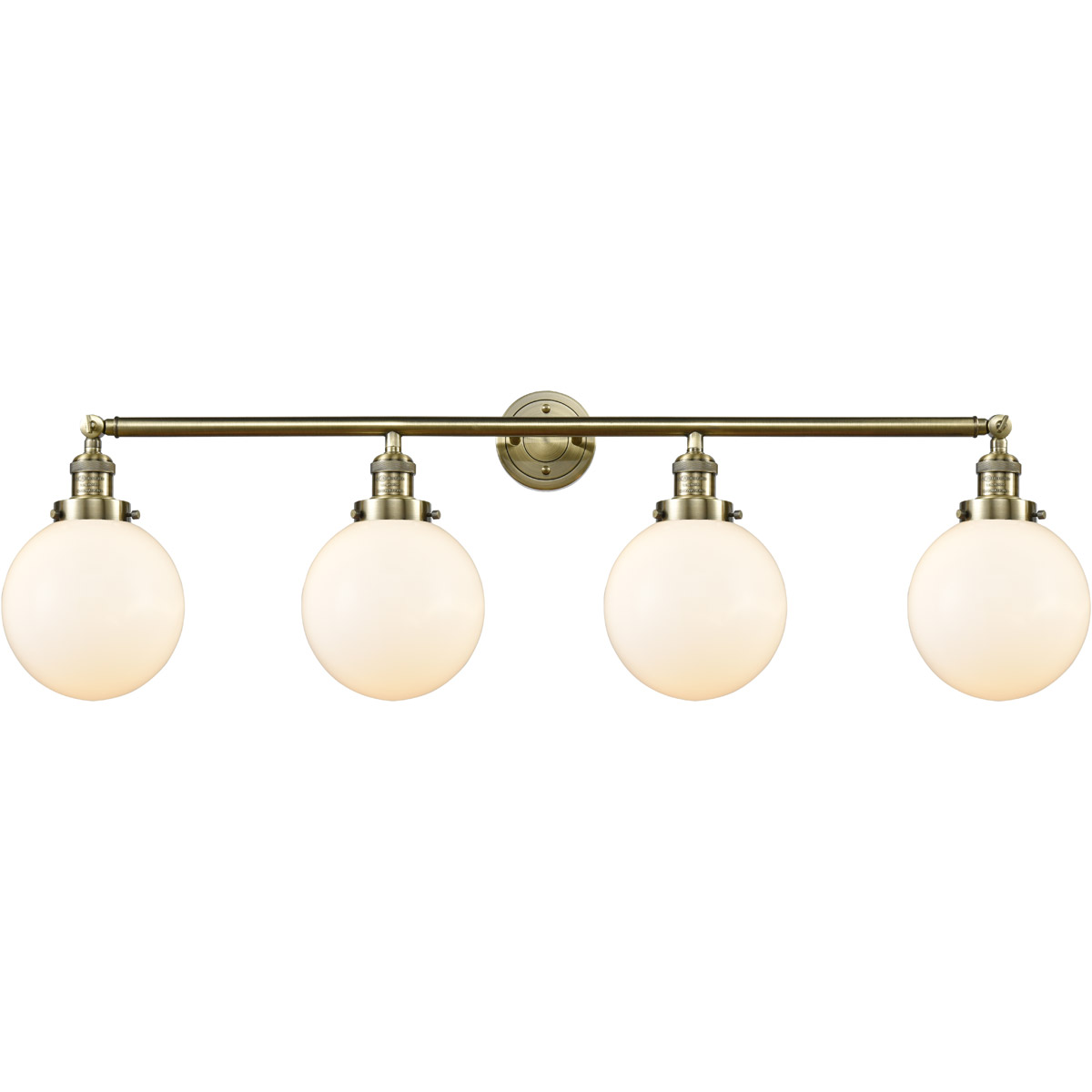 Franklin Restoration Large Beacon 4 Light 44 inch Antique Brass Bath Vanity Light Wall Light in Incandescent, Matte White Glass, Franklin Restoration