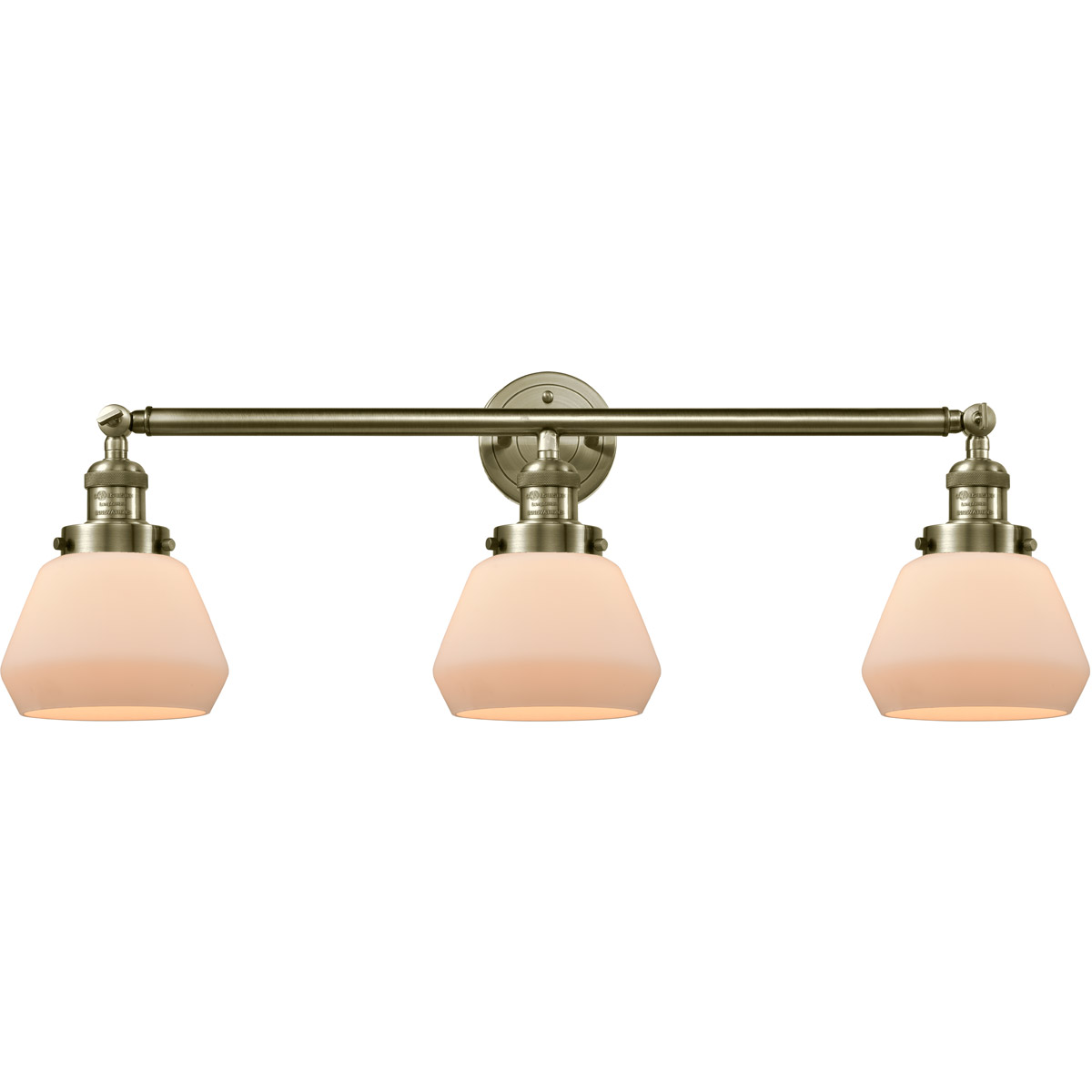 Franklin Restoration Fulton 3 Light 30 inch Antique Brass Bath Vanity Light Wall Light in Incandescent, Matte White Glass, Franklin Restoration