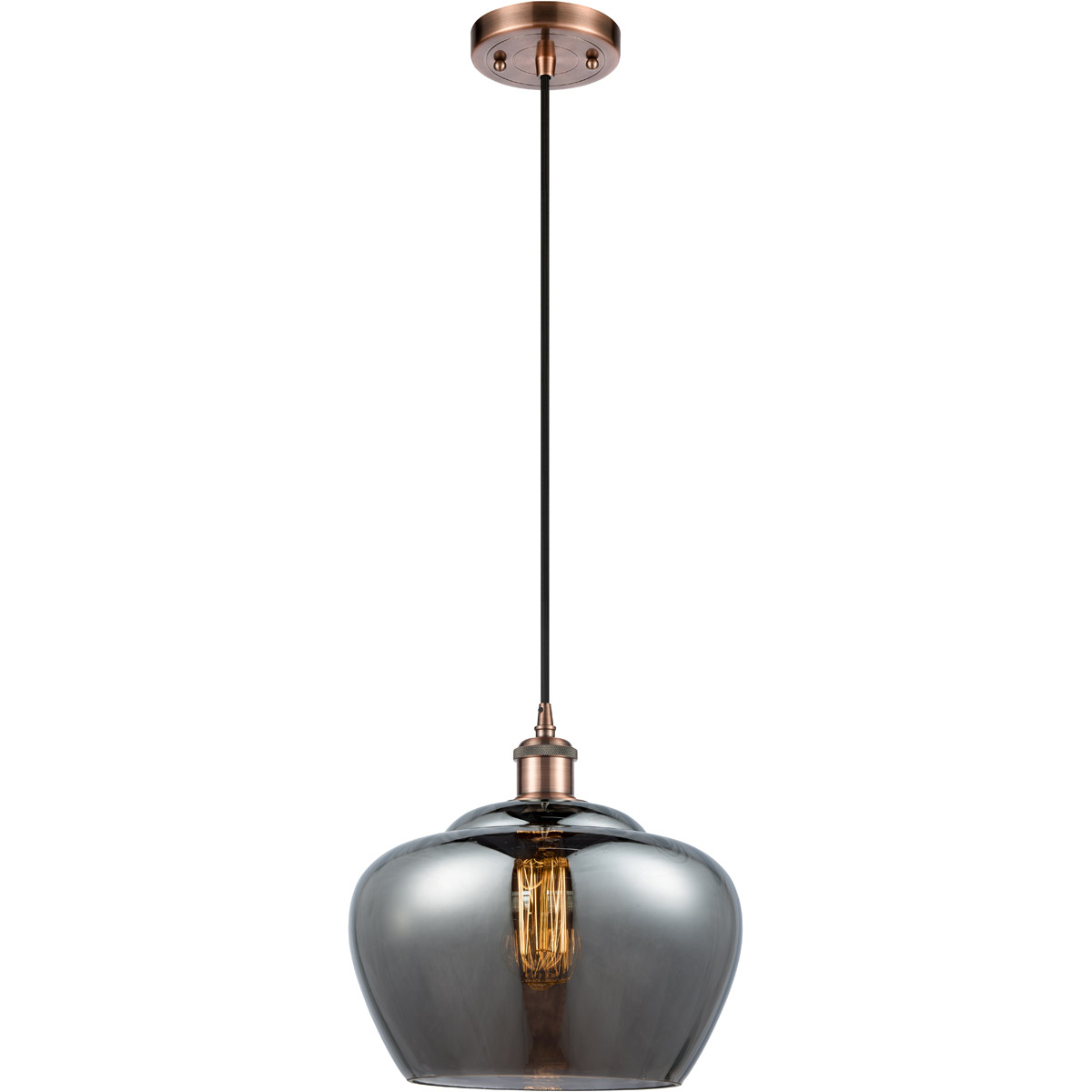 Ballston Large Fenton 1 Light 11 inch Antique Copper Mini Pendant Ceiling Light in Plated Smoke Glass, Ballston