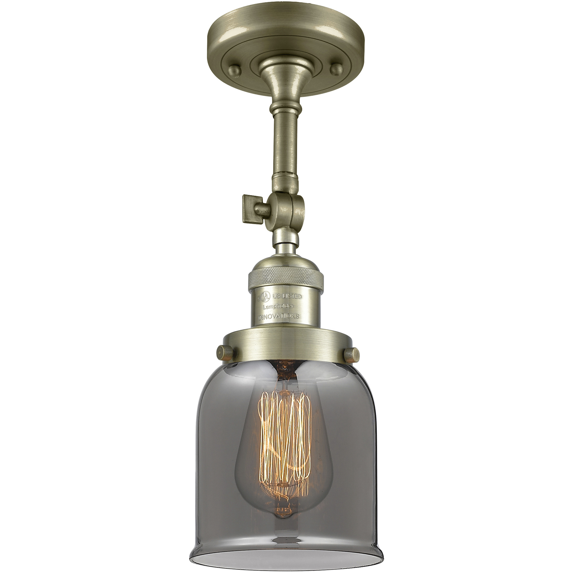 Franklin Restoration Small Bell LED 5 inch Antique Brass Semi-Flush Mount Ceiling Light in Plated Smoke Glass, Franklin Restoration