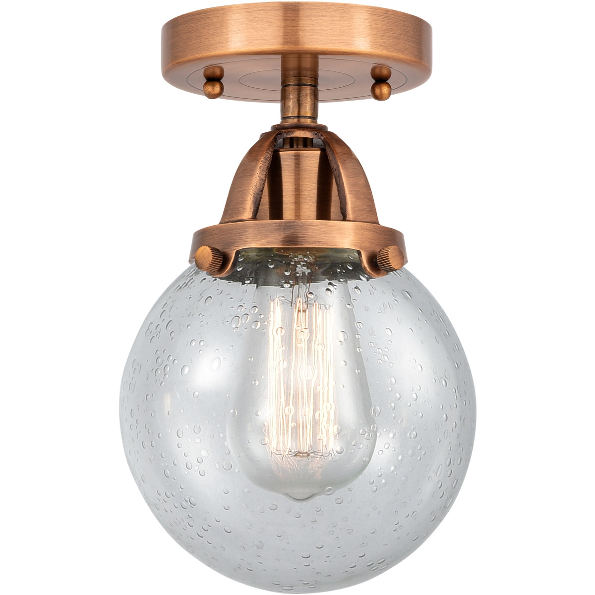 Nouveau 2 Beacon 1 Light 6 inch Antique Copper Semi-Flush Mount Ceiling Light in Seedy Glass