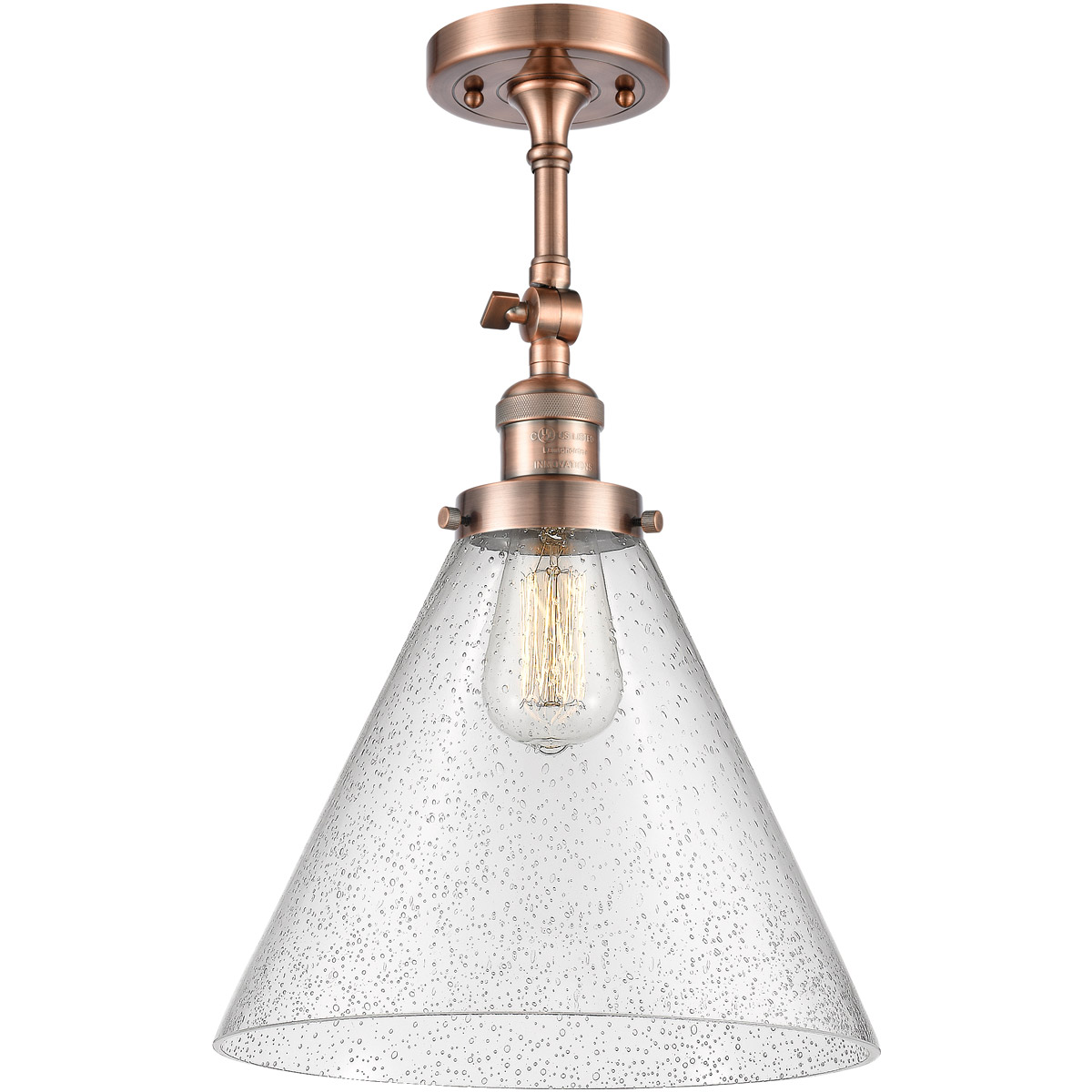 Franklin Restoration X-Large Cone LED 12 inch Antique Copper Semi-Flush Mount Ceiling Light in Seedy Glass, Franklin Restoration
