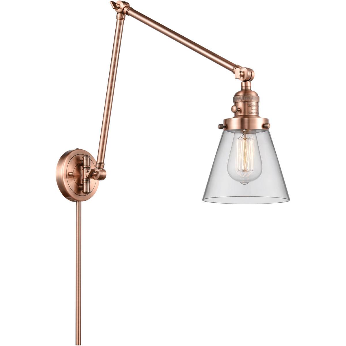 Small Cone 30 inch 60.00 watt Antique Copper Swing Arm Wall Light, Franklin Restoration