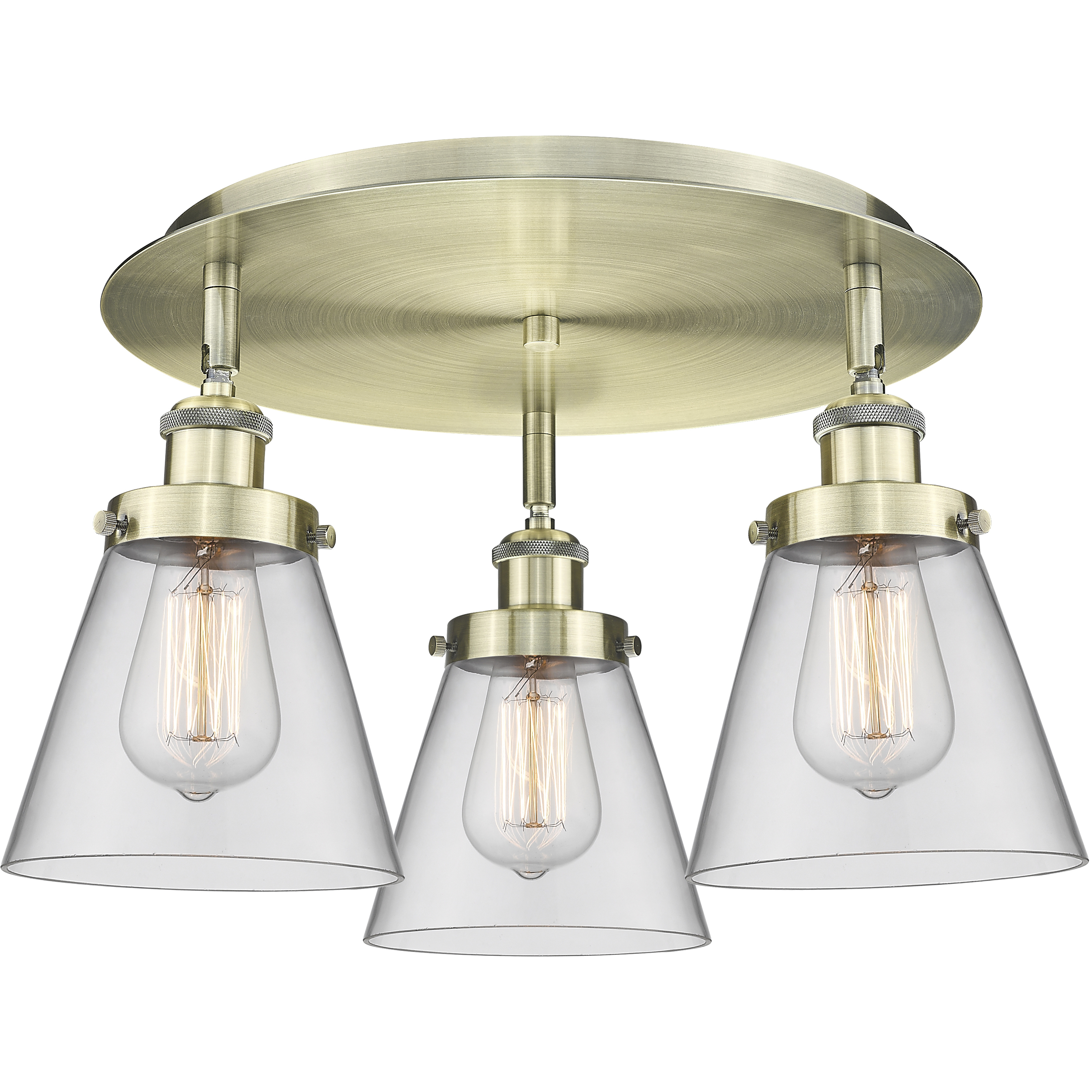 Cone 3 Light 18 inch Antique Brass Flush Mount Ceiling Light in Clear