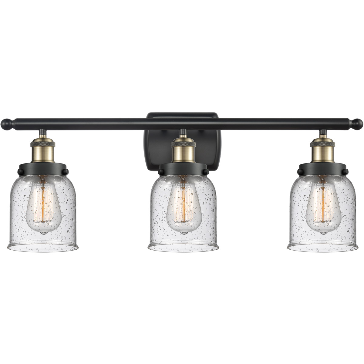 Ballston Small Bell 3 Light 26 inch Black Antique Brass Bath Vanity Light Wall Light in Seedy Glass
