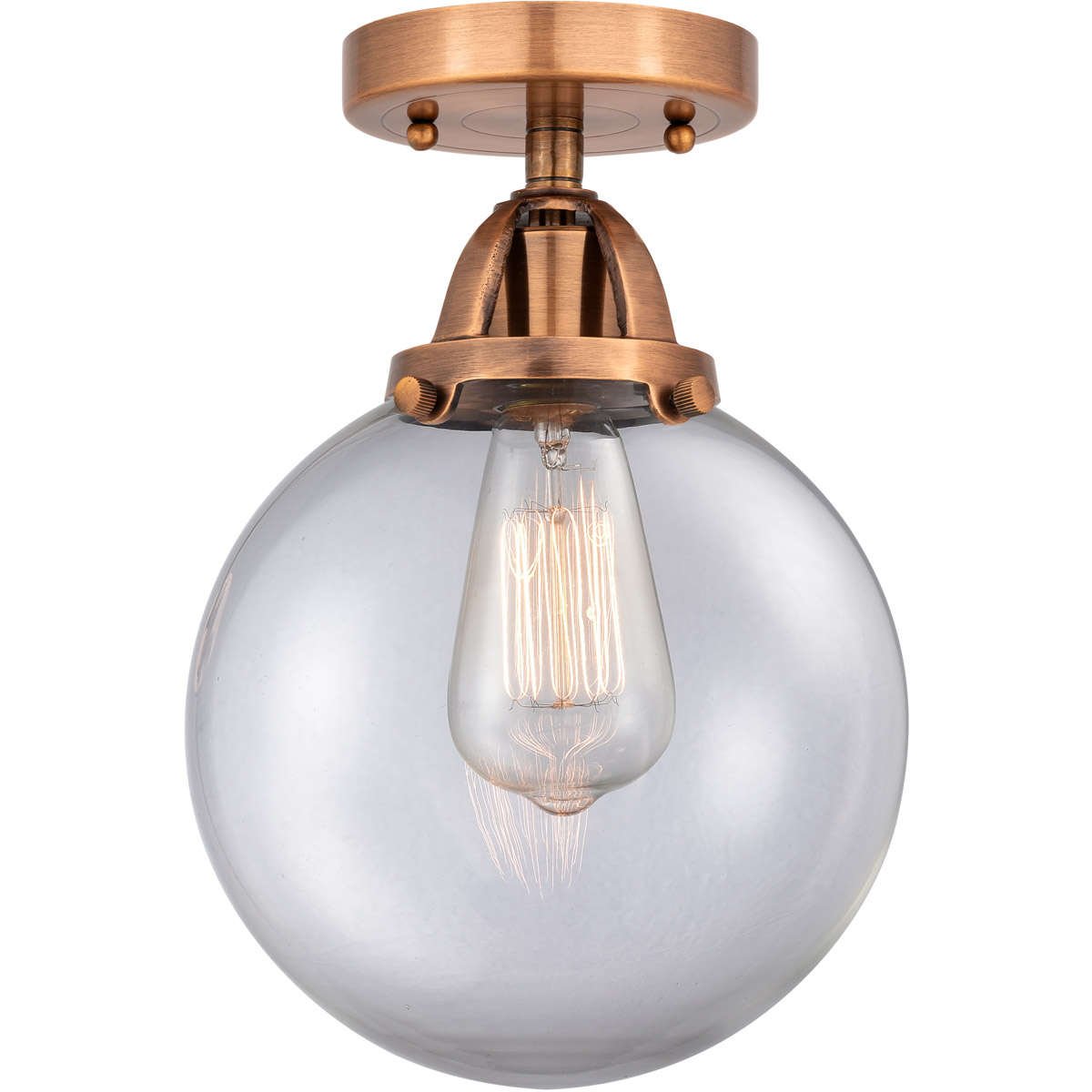 Nouveau 2 Beacon LED 8 inch Antique Copper Semi-Flush Mount Ceiling Light in Clear Glass