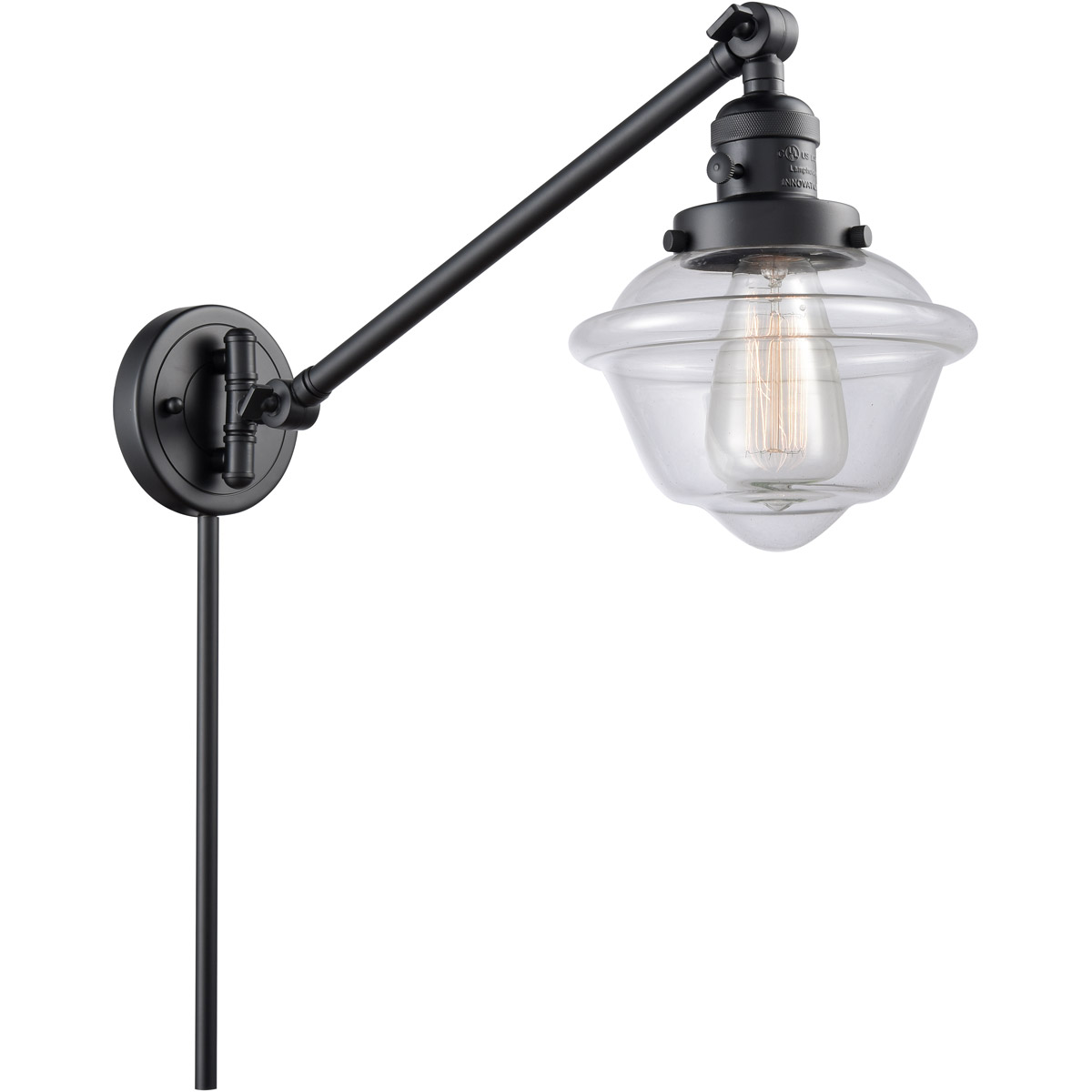 Small Oxford 30 inch 3.5 watt Matte Black Swing Arm Wall Light in Clear Glass, Franklin Restoration