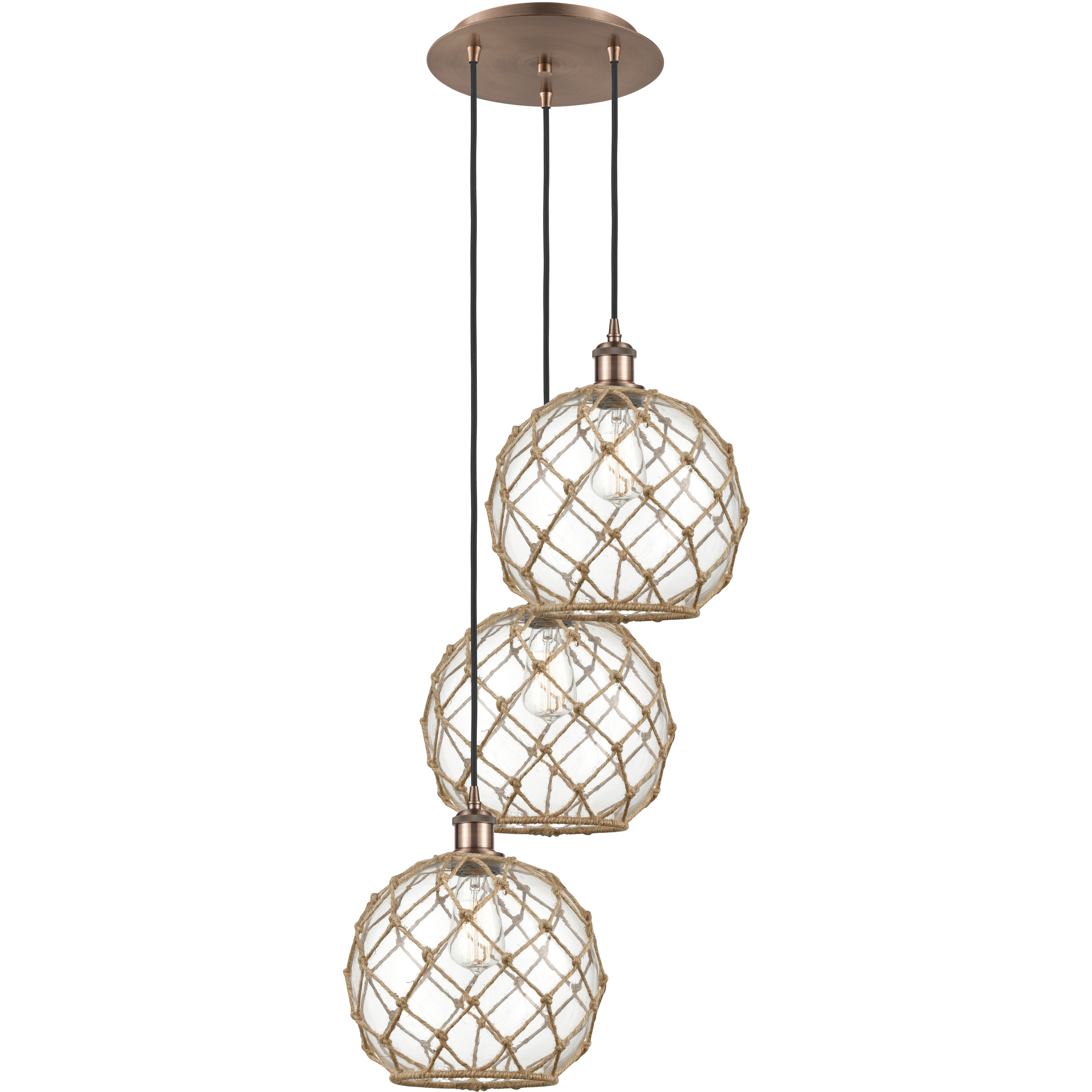 Ballston Farmhouse Rope 3 Light 16.5 inch Antique Copper Multi Pendant Ceiling Light in Clear Glass with Brown Rope