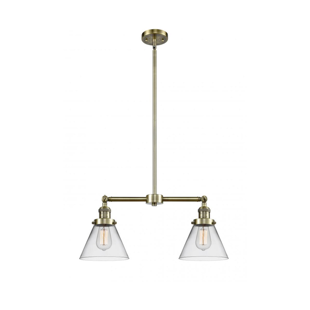 Franklin Restoration Large Cone 2 Light 21 inch Antique Brass Chandelier Ceiling Light in Clear Glass, Franklin Restoration