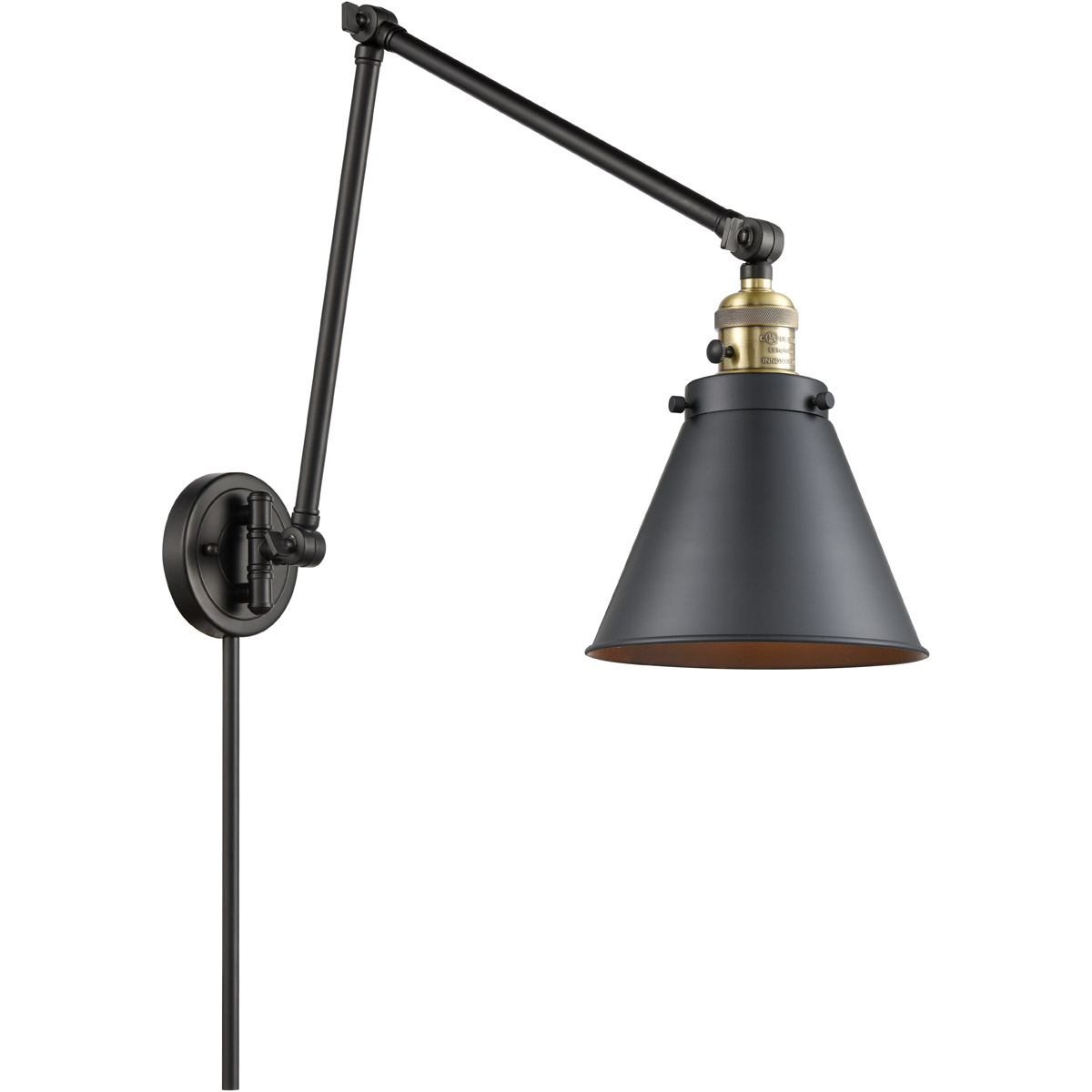 Appalachian 30 inch 3.5 watt Black Antique Brass Swing Arm Wall Light in Matte Black, Franklin Restoration