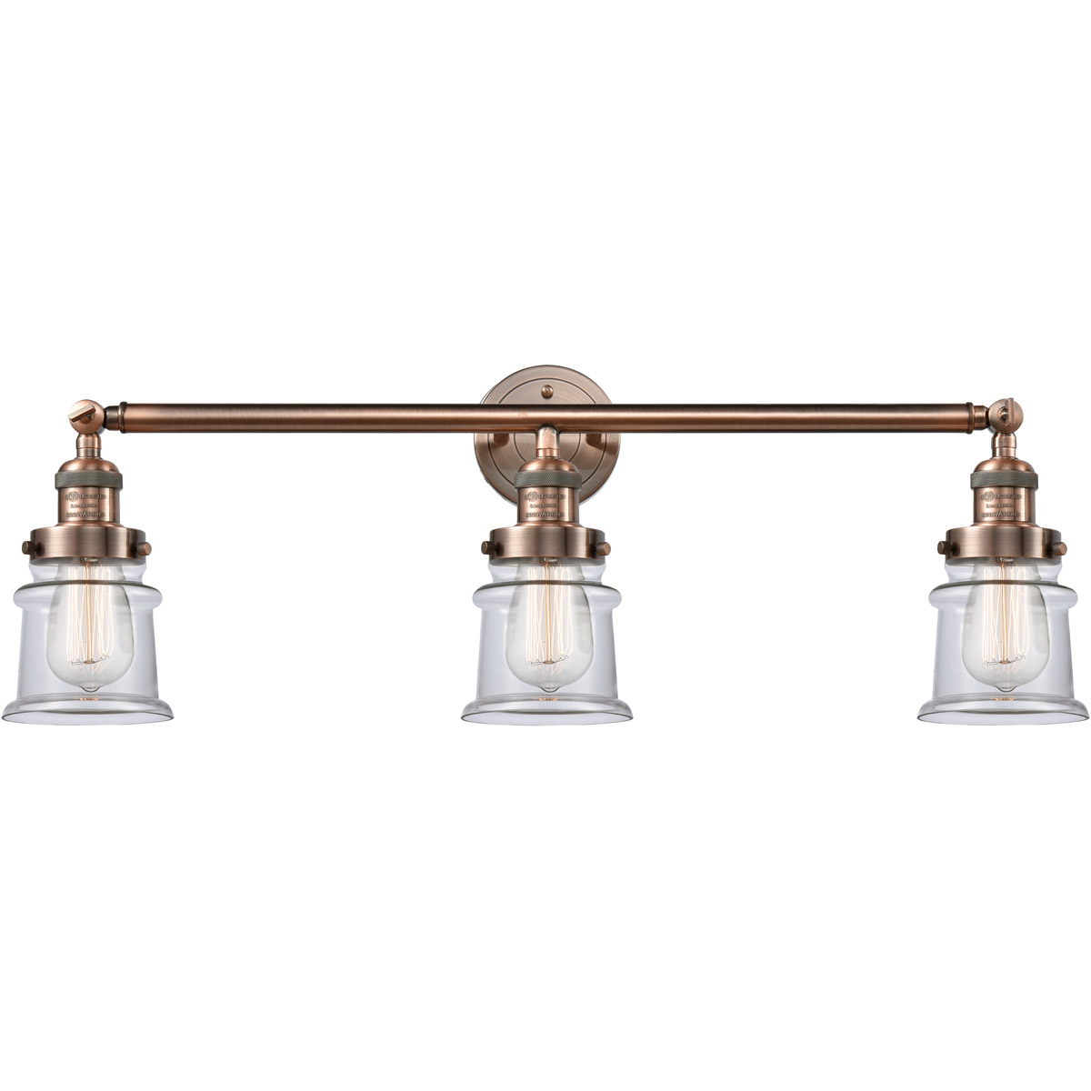 Franklin Restoration Small Canton 3 Light 30 inch Antique Copper Bath Vanity Light Wall Light in Clear Glass, Franklin Restoration