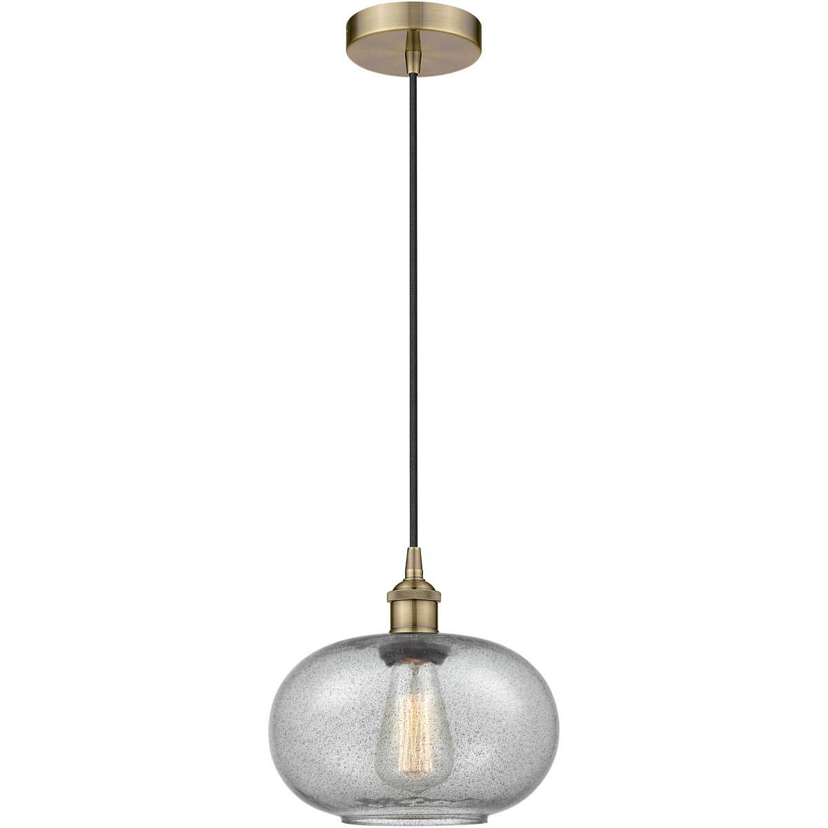 Edison Gorham LED 9.5 inch Antique Brass Mini Pendant Ceiling Light in Charcoal Glass
