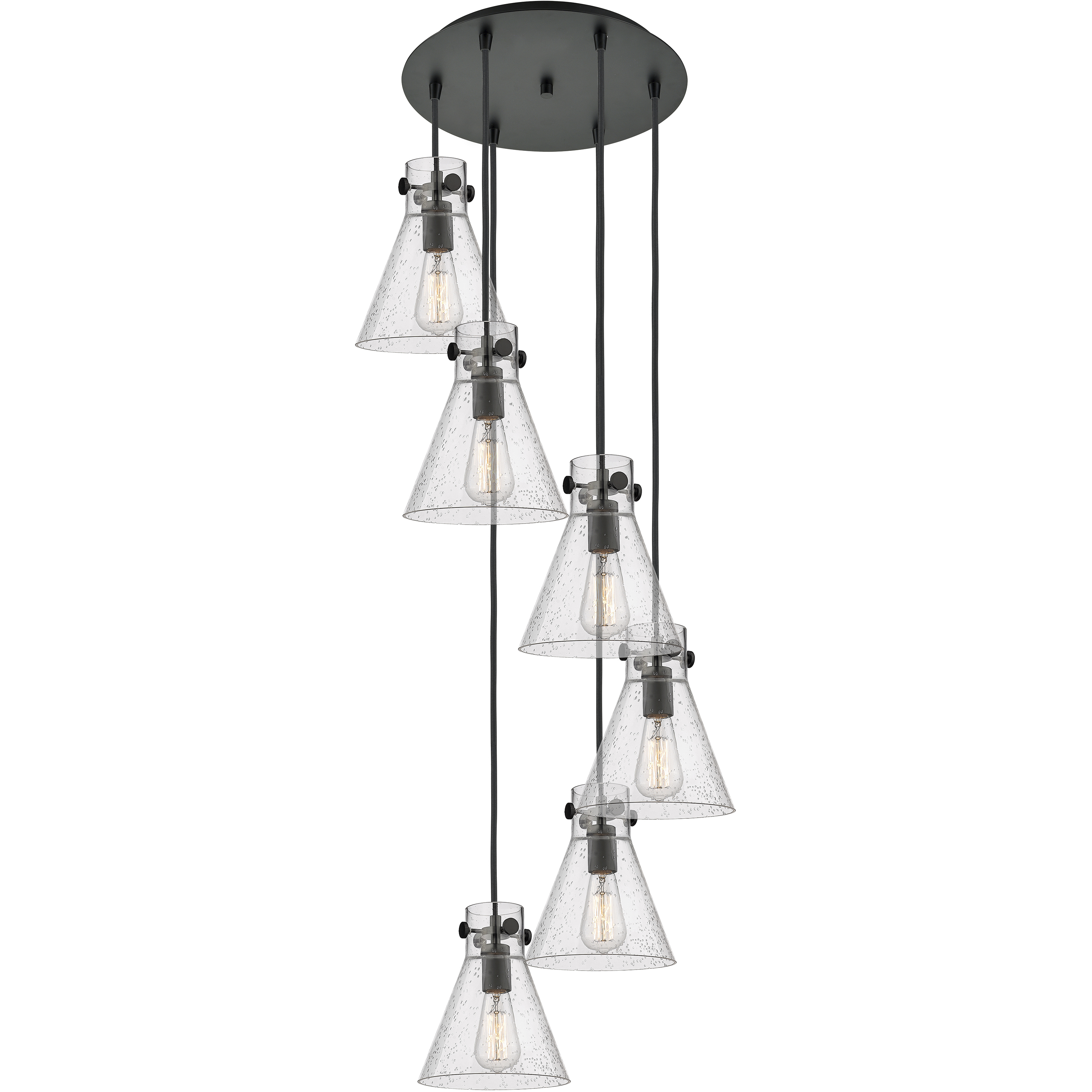 Newton Cone 6 Light 18.63 inch Matte Black Multi Pendant Ceiling Light in Seedy Glass