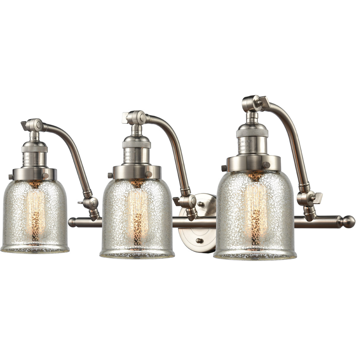 Franklin Restoration Small Bell 3 Light 28 inch Brushed Satin Nickel Bath Vanity Light Wall Light in Silver Plated Mercury Glass, Franklin Restoration