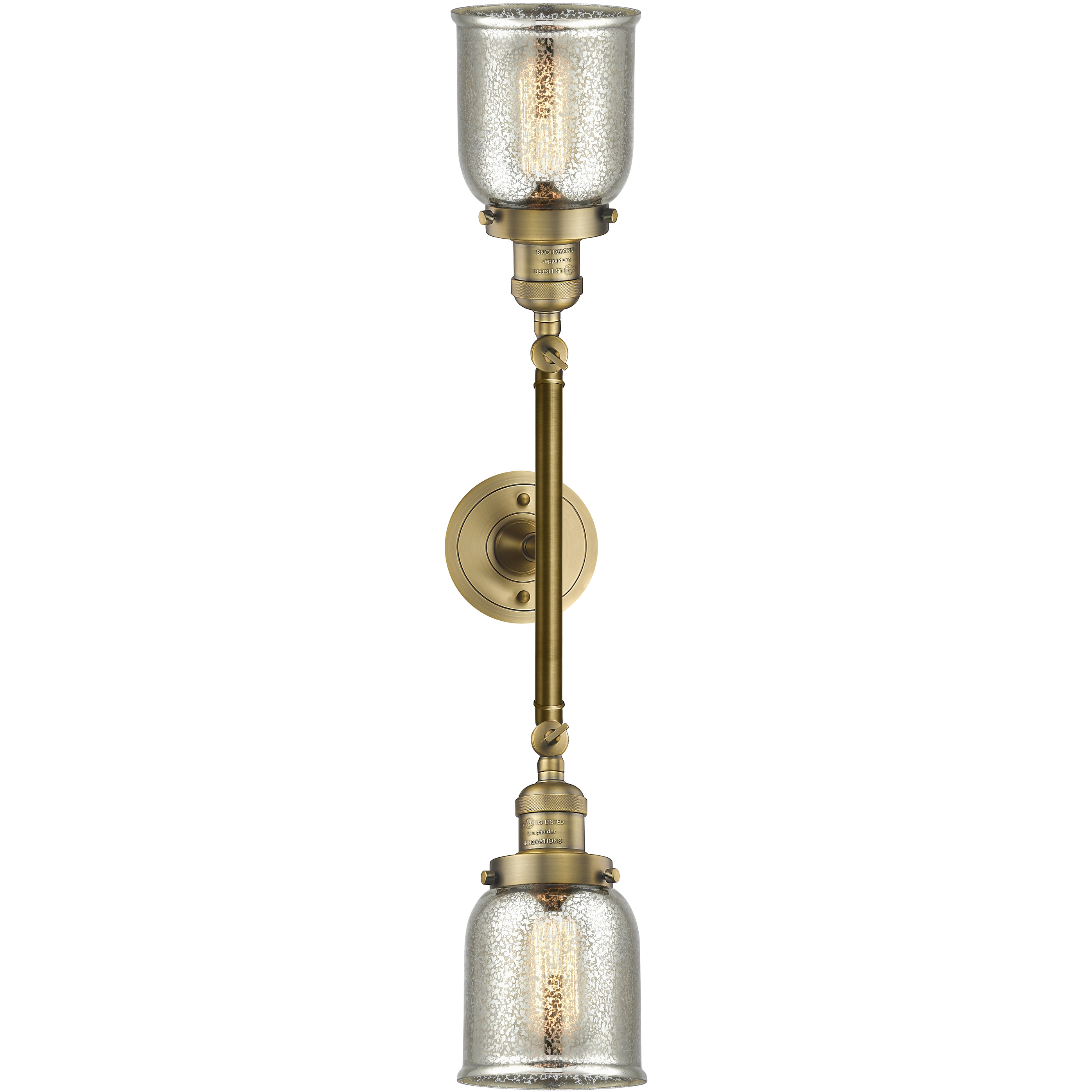 Franklin Restoration Small Bell 2 Light 15 inch Brushed Brass Bath Vanity Light Wall Light in Silver Plated Mercury Glass, Franklin Restoration