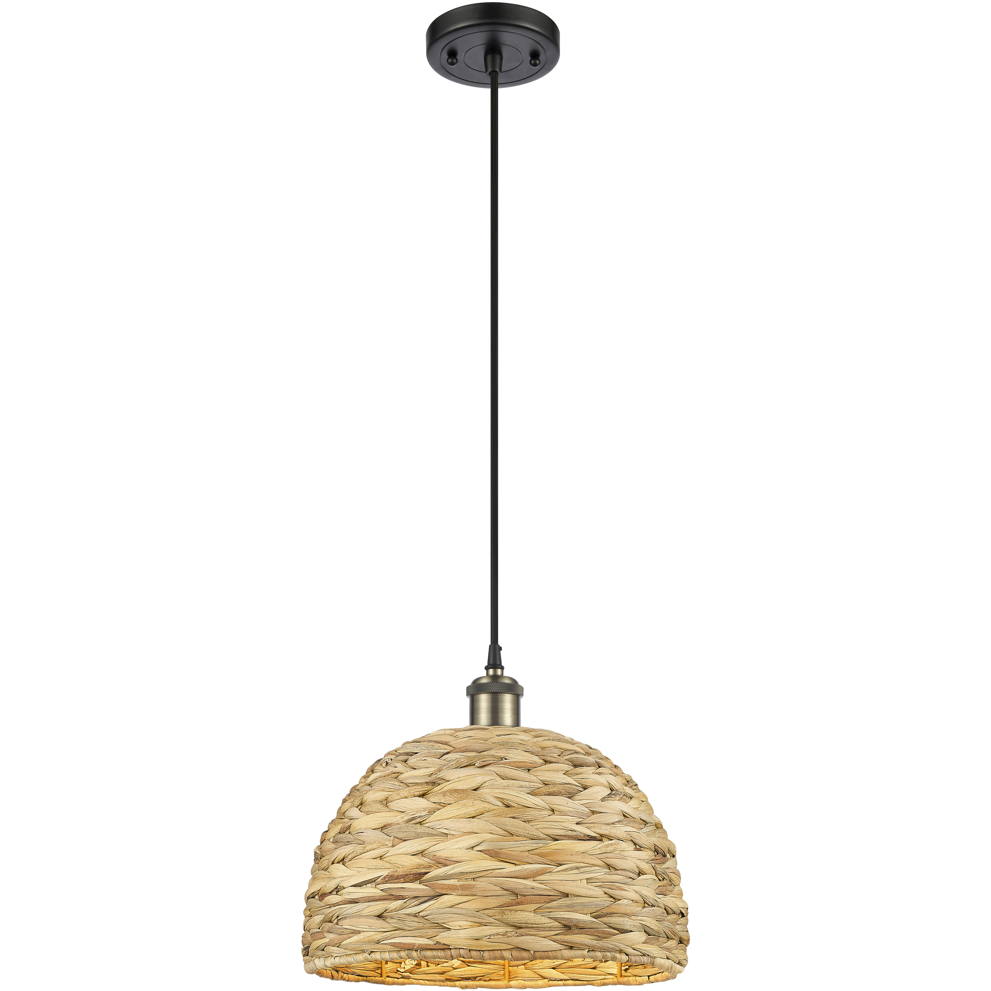 Woven Rattan 1 Light 12 inch Black Antique Brass Pendant Ceiling Light