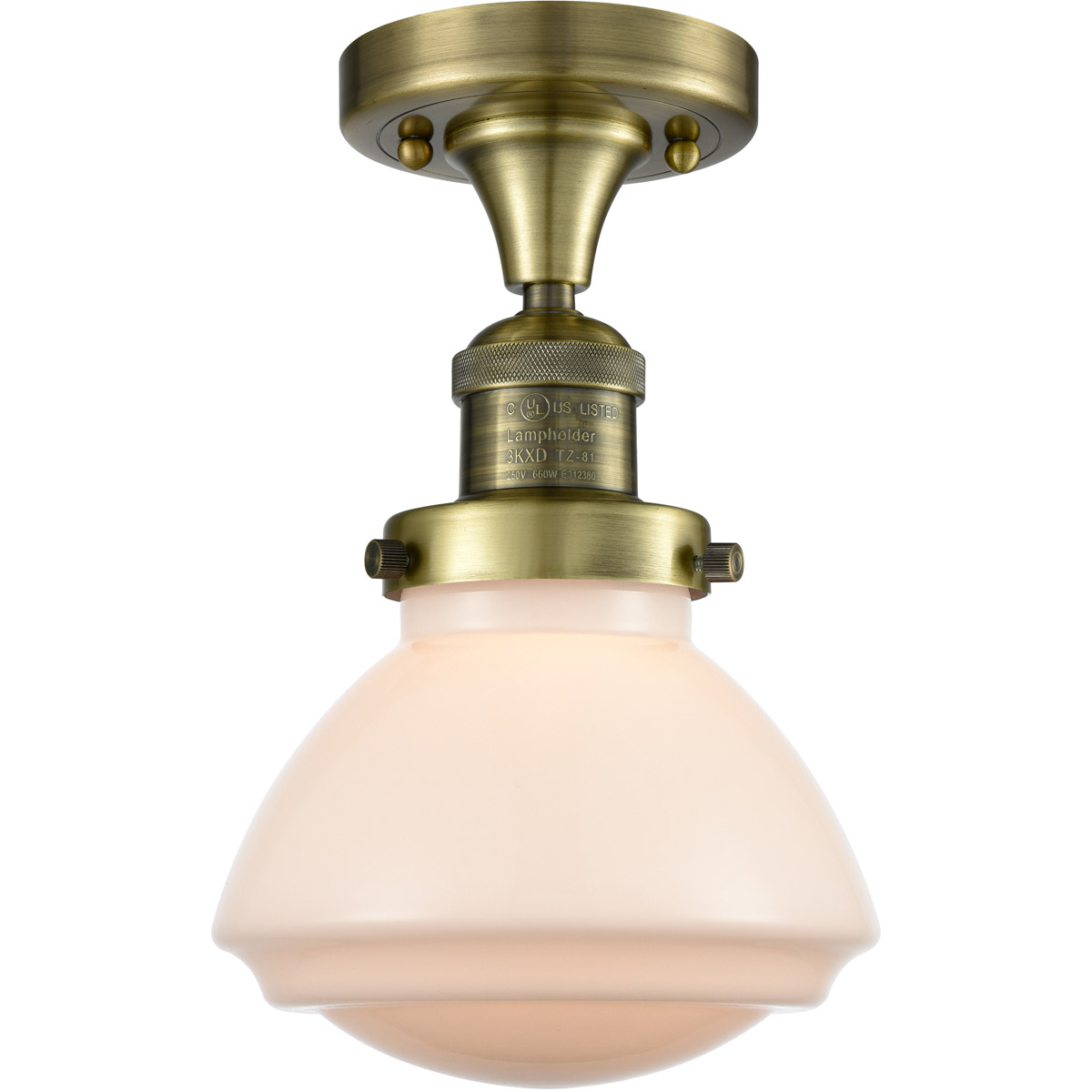 Franklin Restoration Olean LED 7 inch Antique Brass Semi-Flush Mount Ceiling Light in Matte White Glass, Franklin Restoration