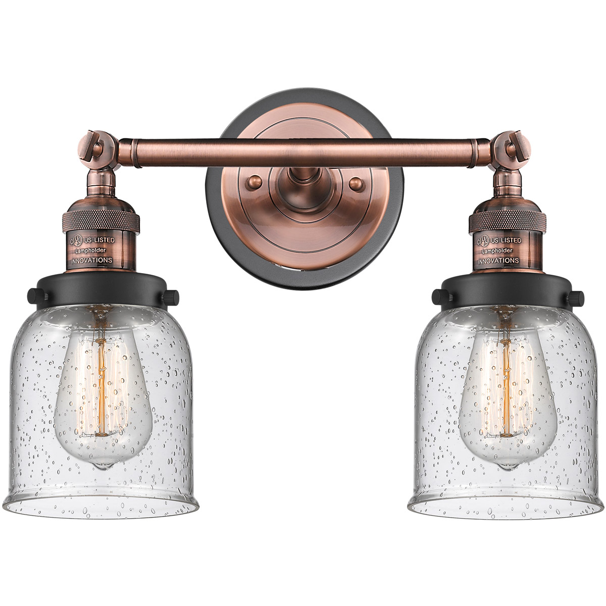 Franklin Restoration Small Bell 2 Light 16 inch Antique Copper Bath Vanity Light Wall Light in Seedy Glass